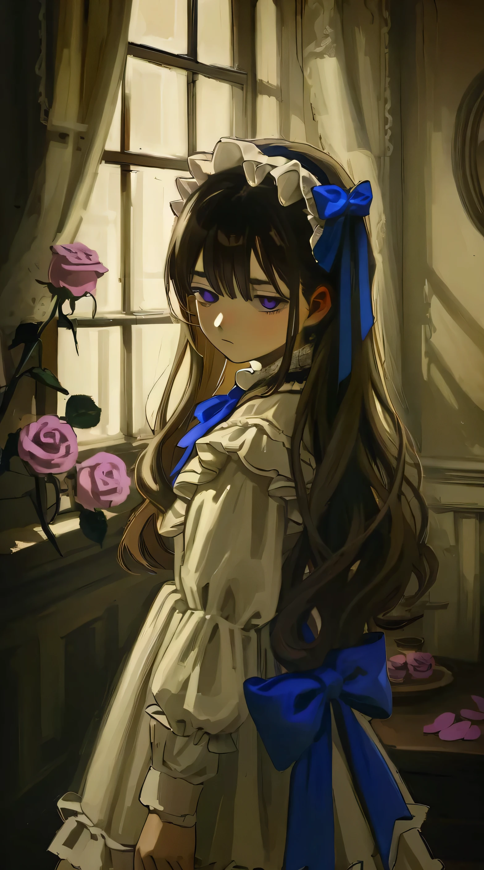 best quality, aesthetic, detailed, by iwzry, by solipsist, 1girl, young girl, brown hair, hair over one eye, long hair, tail, purple eyes, squiggle, black rose, blue bow, blue ribbon, blue rose, purple rose, rose petals, victorian, lolita, 
BREAK
 (dark room), dramatic lighting, shadow dim light 