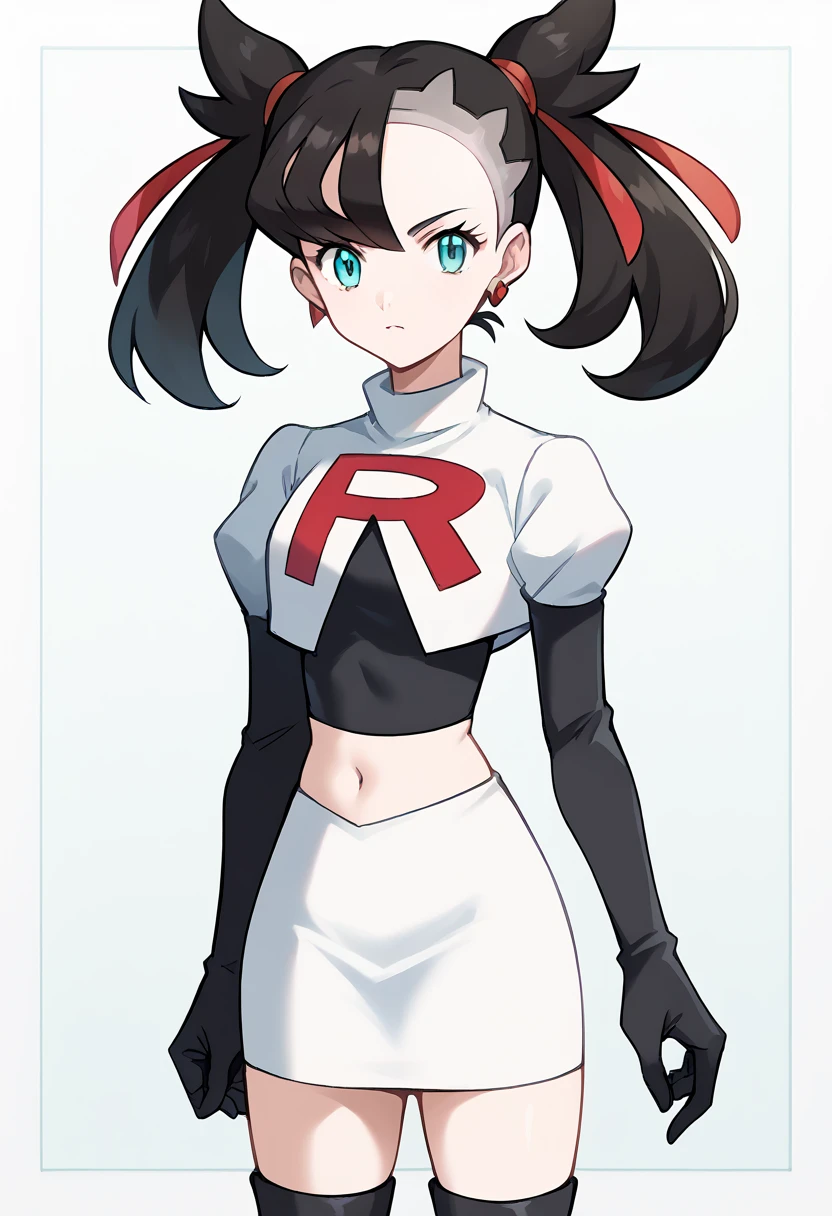 score_9, score_8_up, score_7_up, source_anime,
pokemonmarnie, pokemonmarnie, aqua eyes, asymmetrical bangs, asymmetrical hair, black hair, hair ribbon, long hair, red ribbon, ribbon, twintails,
earrings, jewelry, 
looking at viewer, cowboy shot, team rocket,team rocket uniform,white skirt,red letter R,crop top,black thigh-highs,black elbow gloves