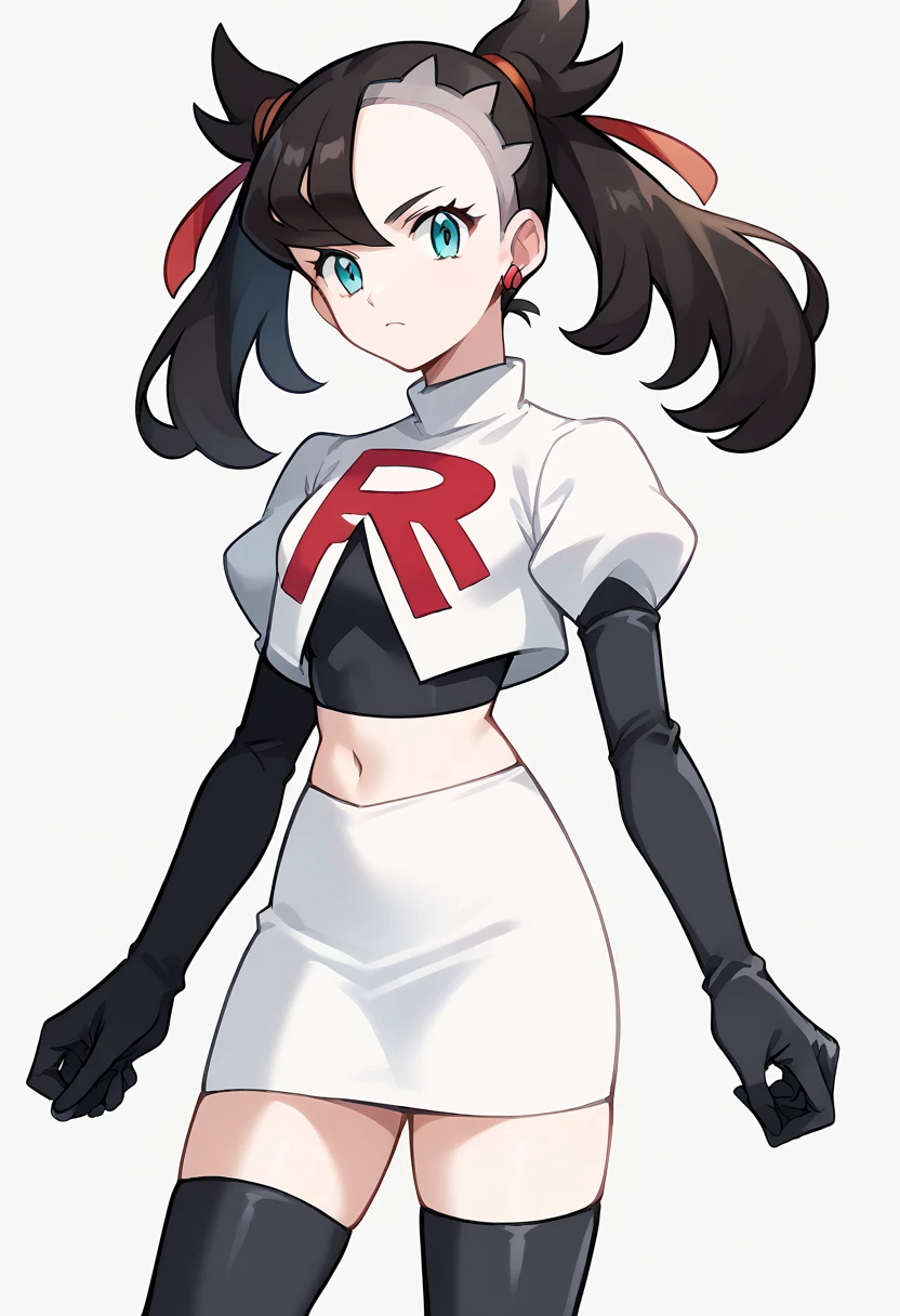 score_9, score_8_up, score_7_up, source_anime,
pokemonmarnie, pokemonmarnie, aqua eyes, asymmetrical bangs, asymmetrical hair, black hair, hair ribbon, long hair, red ribbon, ribbon, twintails,
earrings, jewelry, 
looking at viewer, cowboy shot, team rocket,team rocket uniform,white skirt,red letter R,crop top,black thigh-highs,black elbow gloves