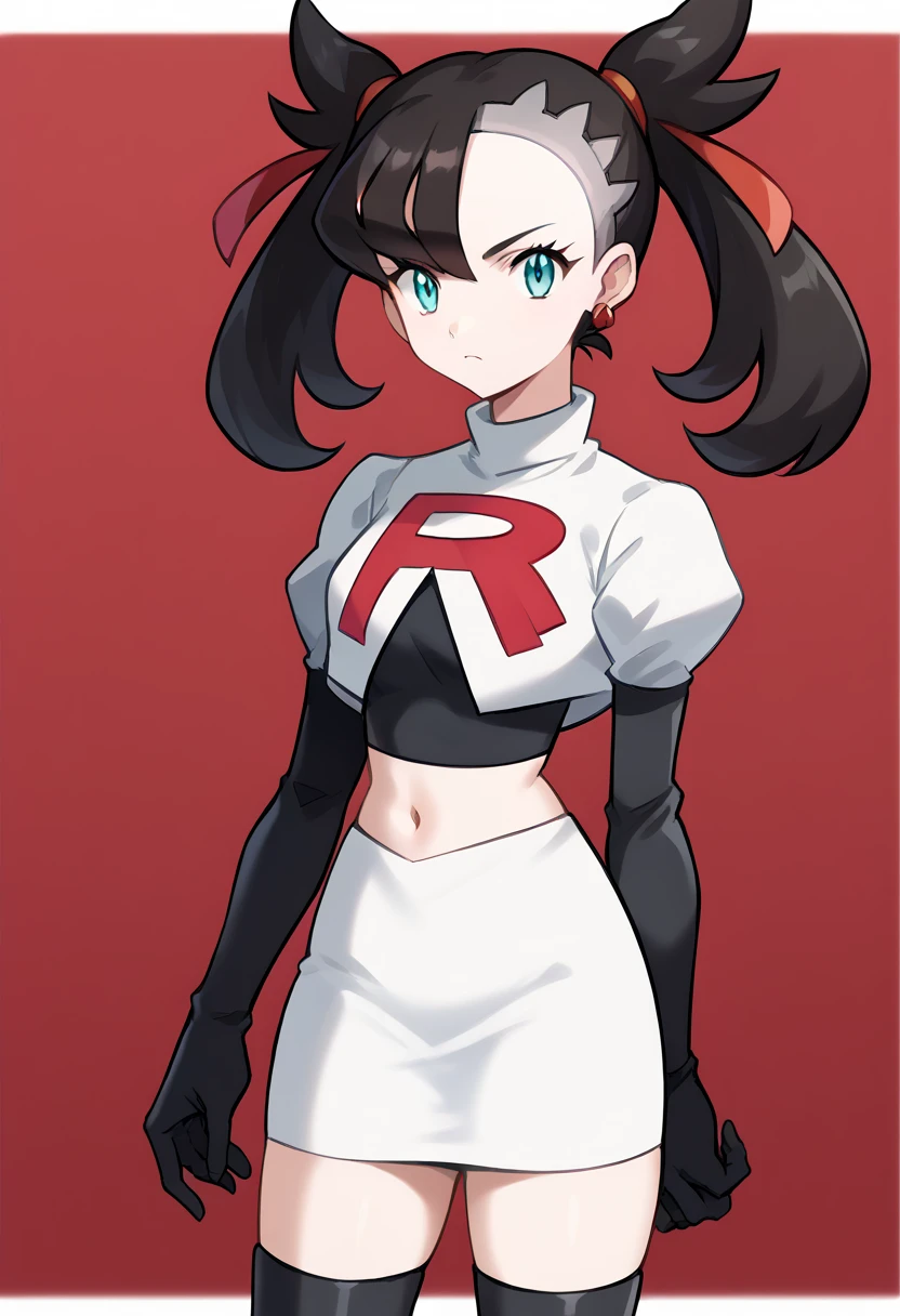 score_9, score_8_up, score_7_up, source_anime,
pokemonmarnie, pokemonmarnie, aqua eyes, asymmetrical bangs, asymmetrical hair, black hair, hair ribbon, long hair, red ribbon, ribbon, twintails,
earrings, jewelry, 
looking at viewer, cowboy shot, team rocket,team rocket uniform,white skirt,red letter R,crop top,black thigh-highs,black elbow gloves