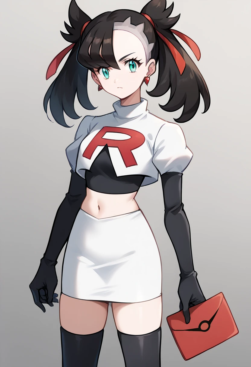 score_9, score_8_up, score_7_up, source_anime,
pokemonmarnie, pokemonmarnie, aqua eyes, asymmetrical bangs, asymmetrical hair, black hair, hair ribbon, long hair, red ribbon, ribbon, twintails,
earrings, jewelry, 
looking at viewer, cowboy shot, team rocket,team rocket uniform,white skirt,red letter R,crop top,black thigh-highs,black elbow gloves