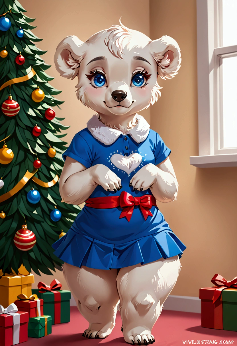 Little slender female polar bear with good big thighs and white fur and cute blue eyes and she's wearing a mini skirt and she's a girl and she's very cute and she's in a Christmas theme.