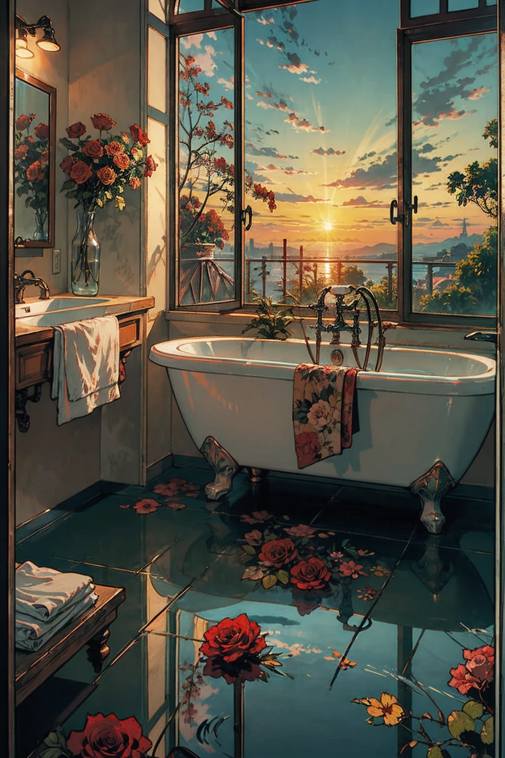   good morning ,   queen  , Brazil,   Italy,  bathroom, clean,   window , Red rose wave,  Sunrise,  Breathtaking scenery 