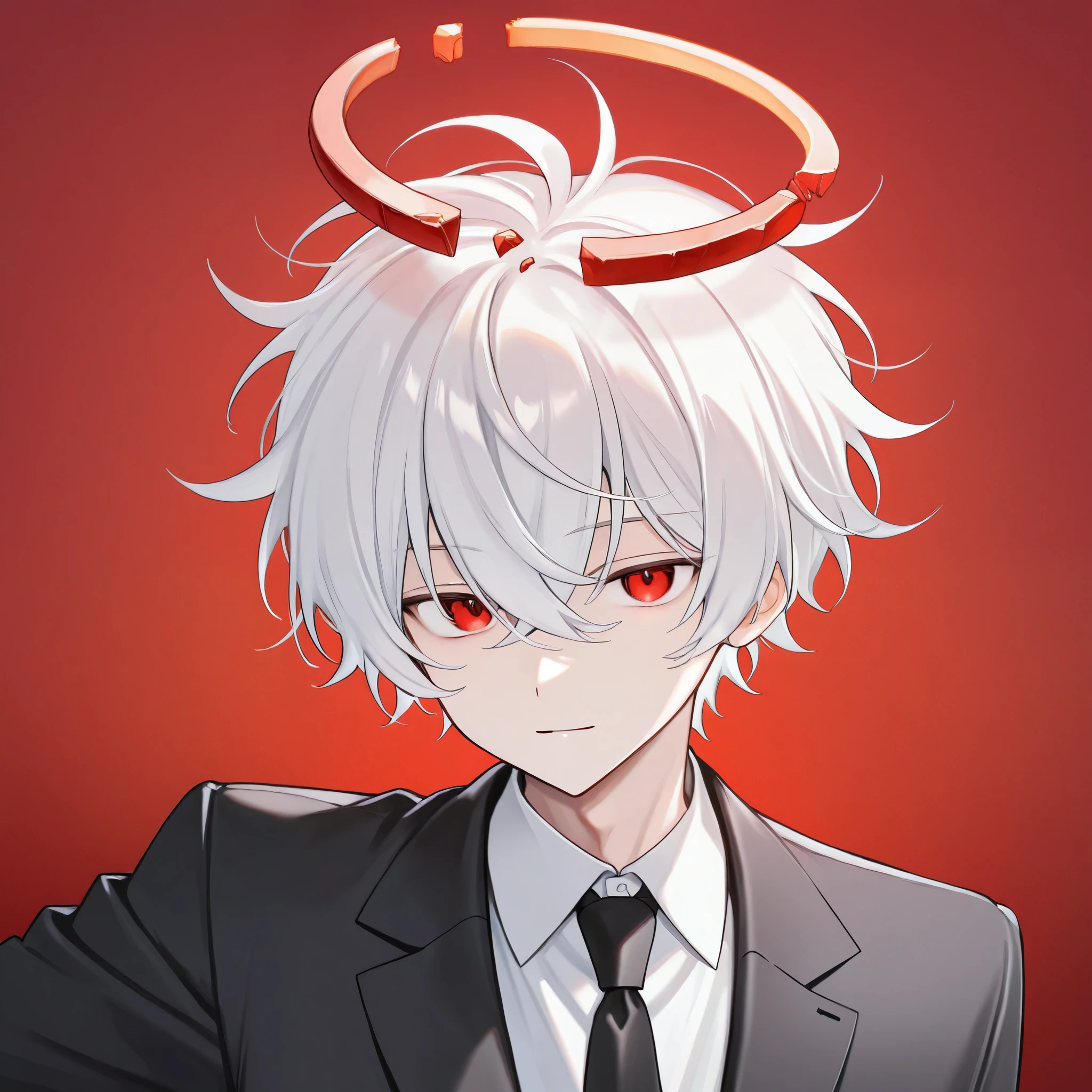 1boy, 185cm, black suit jacket, white dress shirt, black tie, broken halo,short white hair, slight messy hair, red eyes, bold aesthetic, confident pose,  upper body, focus on the face, red background 