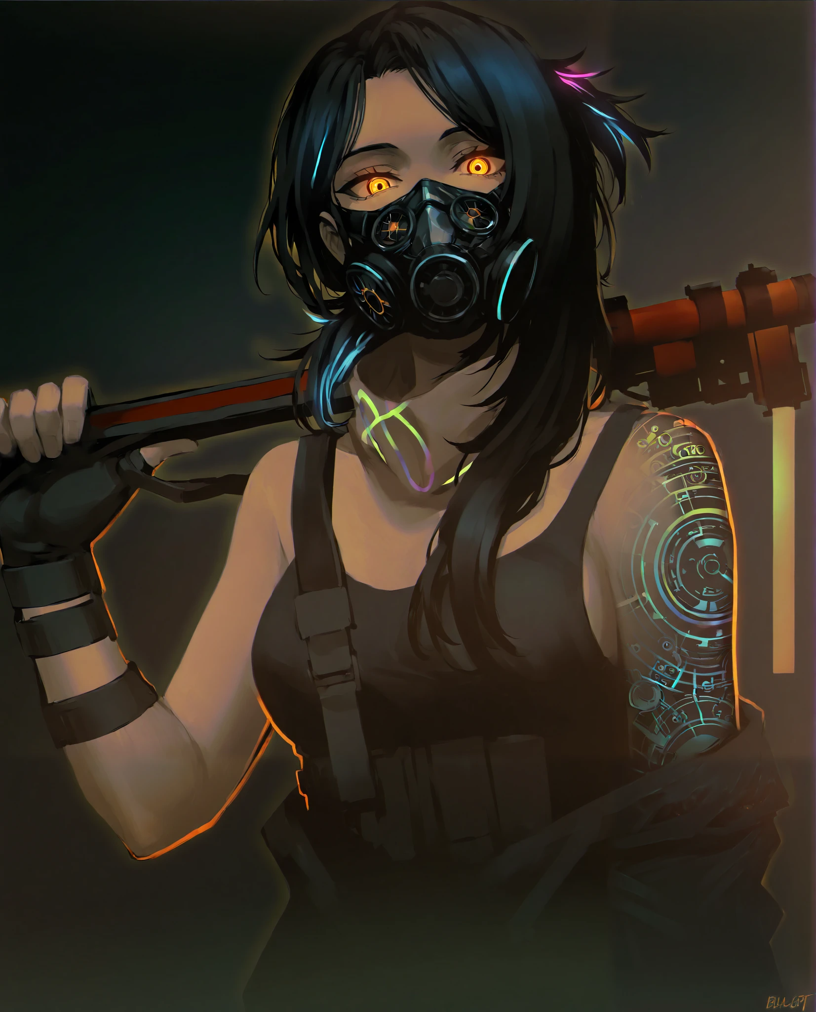 (limited palette:1.2), black background, colorful, (vibrant, glowing outline, neon hair, blacklight:1.2), looking at viewer, (side view:0.1), masterpiece, best quality, absurdres, very aesthetic, gas mask, orange eye