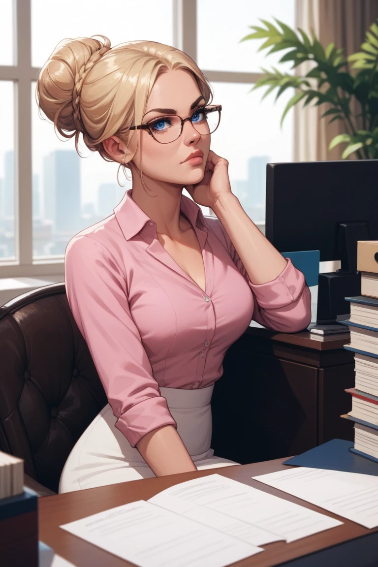 Blonde, girl, blue eyes, pink shirt, white skirt, black leggigns, boots, beautiful, elegant hair, glasses, hair bun, sitting, office, close up on face, serious 