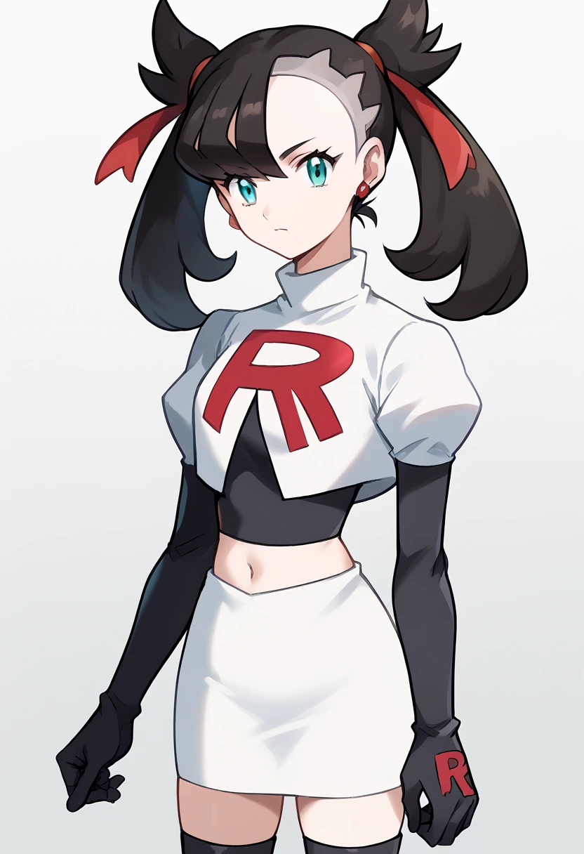 score_9, score_8_up, score_7_up, source_anime,
pokemonmarnie, pokemonmarnie, aqua eyes, asymmetrical bangs, asymmetrical hair, black hair, hair ribbon, long hair, red ribbon, ribbon, twintails,
earrings, jewelry, 
looking at viewer, cowboy shot, team rocket,team rocket uniform,white skirt,red letter R,crop top,black thigh-highs,black elbow gloves