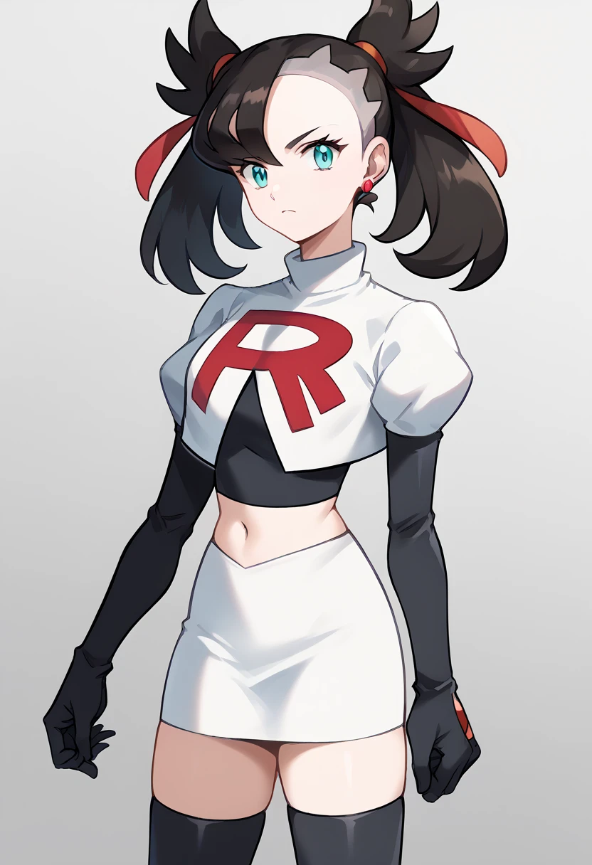 score_9, score_8_up, score_7_up, source_anime,
pokemonmarnie, pokemonmarnie, aqua eyes, asymmetrical bangs, asymmetrical hair, black hair, hair ribbon, long hair, red ribbon, ribbon, twintails,
earrings, jewelry, 
looking at viewer, cowboy shot, team rocket,team rocket uniform,white skirt,red letter R,crop top,black thigh-highs,black elbow gloves