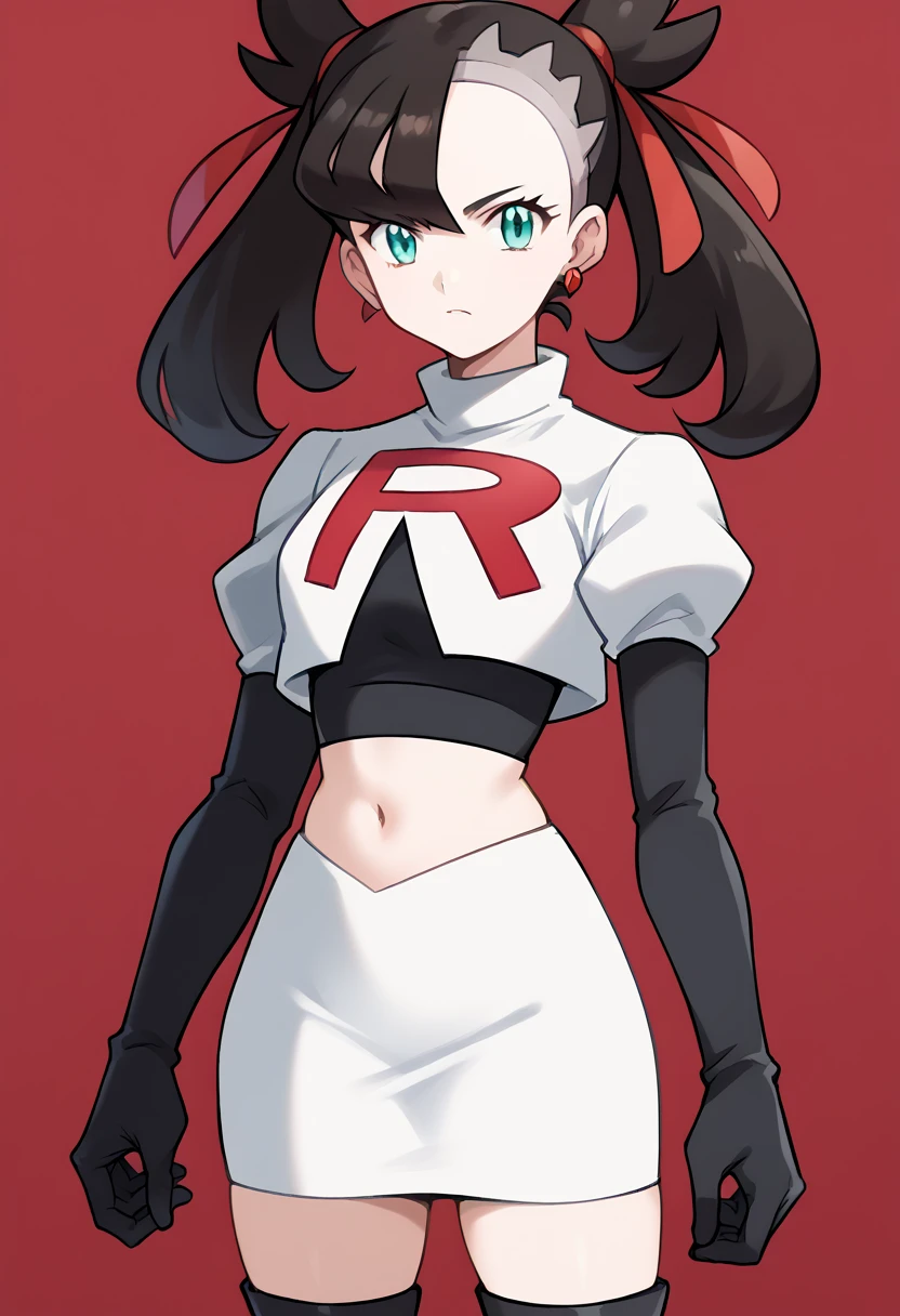 score_9, score_8_up, score_7_up, source_anime,
pokemonmarnie, pokemonmarnie, aqua eyes, asymmetrical bangs, asymmetrical hair, black hair, hair ribbon, long hair, red ribbon, ribbon, twintails,
earrings, jewelry, 
looking at viewer, cowboy shot, team rocket,team rocket uniform,white skirt,red letter R,crop top,black thigh-highs,black elbow gloves