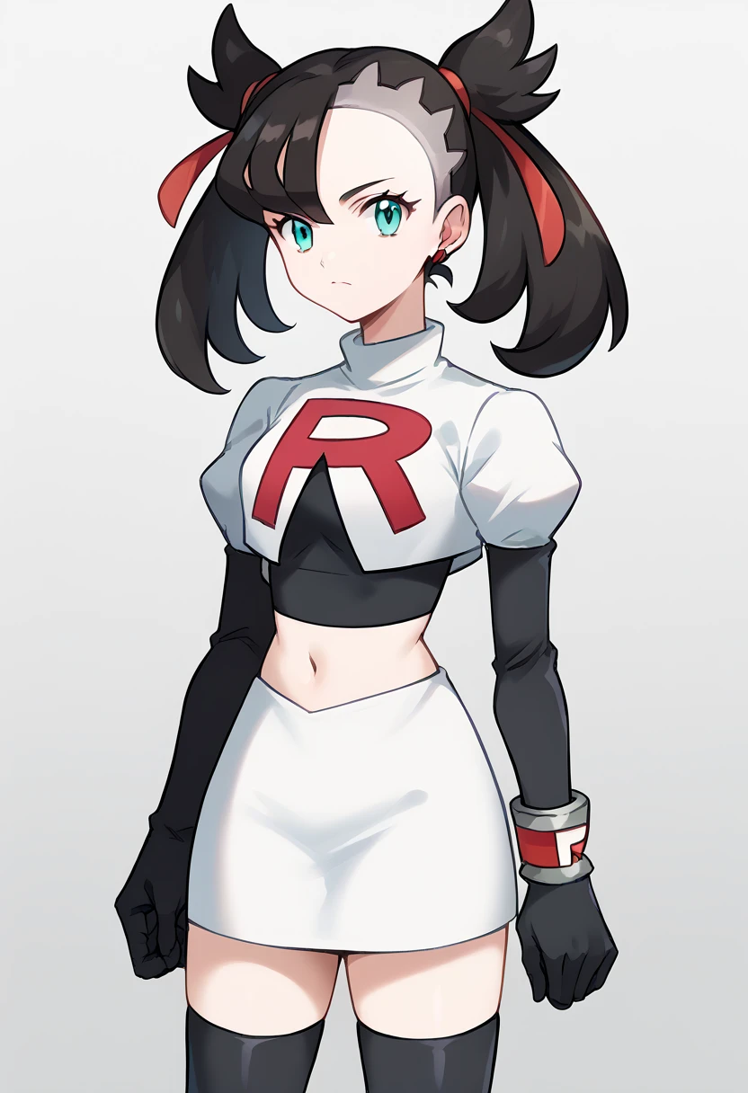 score_9, score_8_up, score_7_up, source_anime,
pokemonmarnie, pokemonmarnie, aqua eyes, asymmetrical bangs, asymmetrical hair, black hair, hair ribbon, long hair, red ribbon, ribbon, twintails,
earrings, jewelry, 
looking at viewer, cowboy shot, team rocket,team rocket uniform,white skirt,red letter R,crop top,black thigh-highs,black elbow gloves