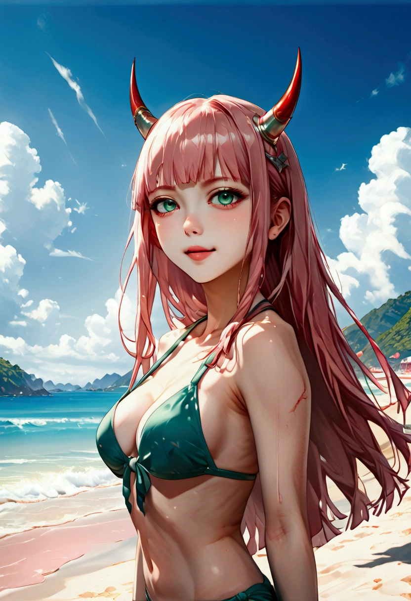 ((best quality)),((highly detailed)),masterpiece,absurdres,detailed face,beautiful face,((detailed eyes, deep eyes)),(1girl),((dynamic pose)), Zero_Two, green eyes, 1girl, long hair, horns, pink hair, smile, open mouth, breasts, outdoors, sky, day, solo focus, medium breasts, :d, cloud, water, solo, oni horns, hairband, bikini, beach background, hands behind back