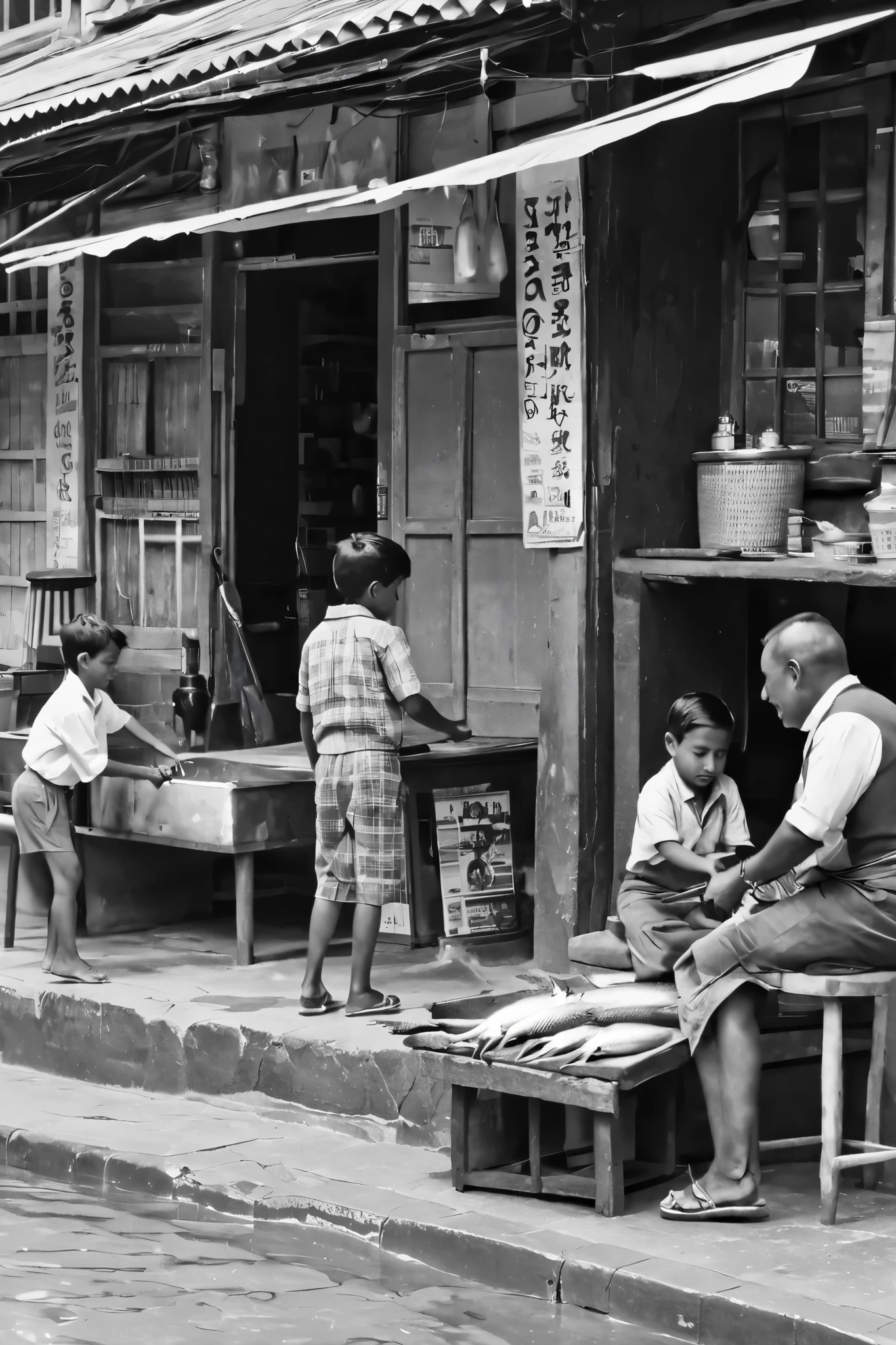 A man is chopping fish in his old shop and two boys are sitting outside the shop and playing.