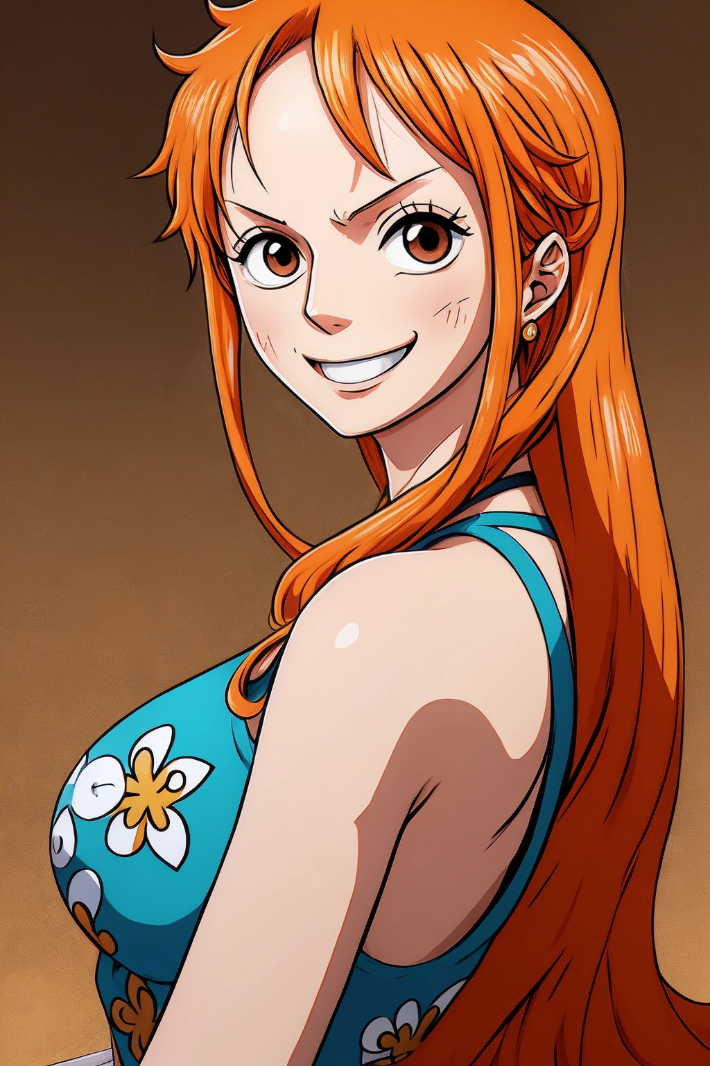 An Arafe woman wears a bikini top and red super miniskirt, nami one piece, uma obra-prima , Retrato bonito de Nami, nami from one piece,Nami em super minissaia vermelha, arte de anime digital detalhada, Cute Exirobat showing white pants, Muito detalhado Artgerm haha, deviantart artstation cgsscosiety, realistic red bikini, roupa de banho vermelha, fanart melhor artstation, Artgerm. alto detalhamento, seios grandes. ((detailed hands))
