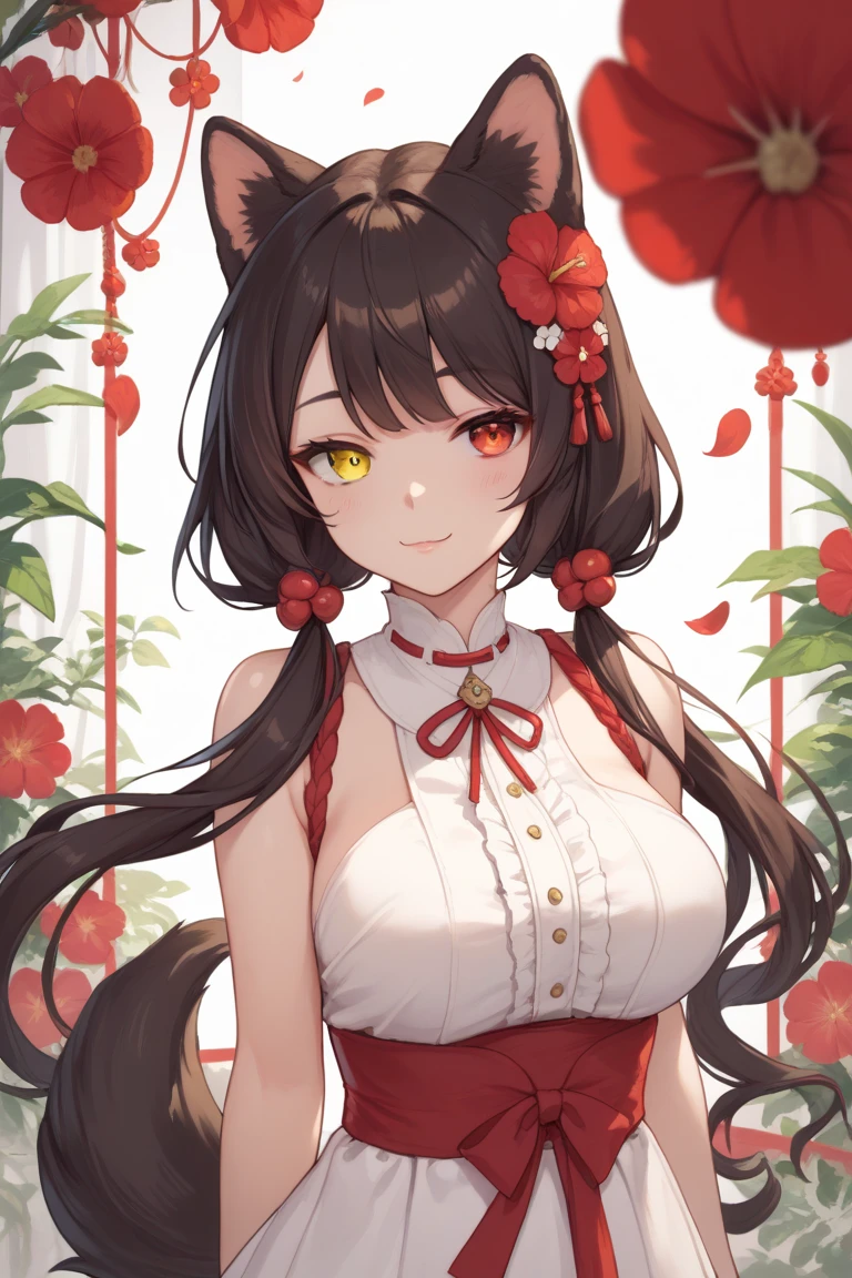 it1, dog girl, heterochromia, yellow eyes, red eyes, animal ears, dog ears, brown hair, black hair, long hair, twintails, low twintails, flower, hair flower, red flower, hair ornament, dog tail,k4nd3nk1,