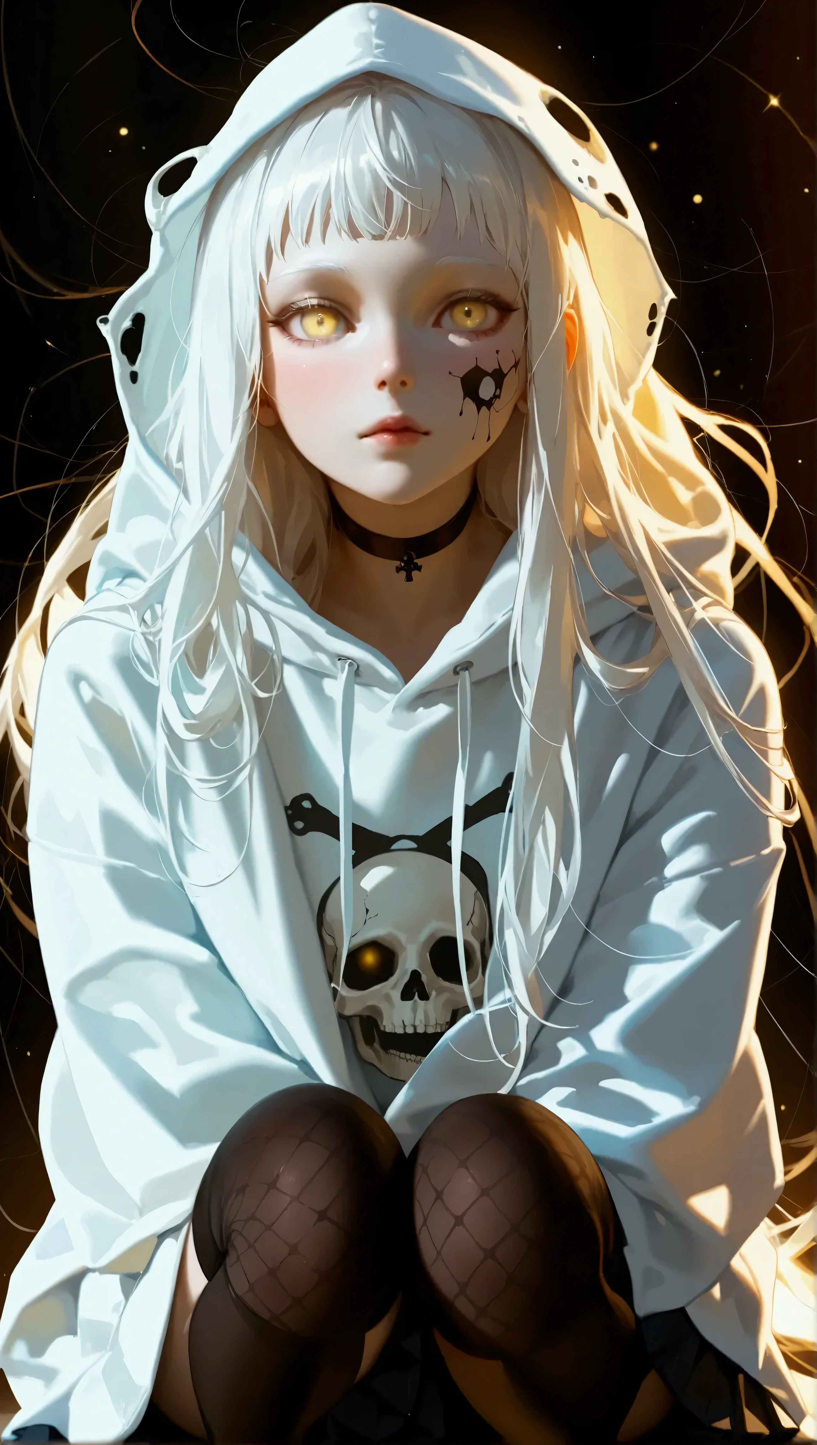 (((Solo Girl))) (   1 girl) ,    full body shot  ,   RAW photos  , ((   long hair )),  long white hair ,   very long straight hair, Short bangs, Albino white skin, Pale yellow eyes ,   realistic skin texture to hide female genitals  , (((smile:0.3))), 💀mark&#39;white hoodie black pleated skirt  ,   Black Knee High Socks , Sexy Legs 、   Black Knee High Socks 