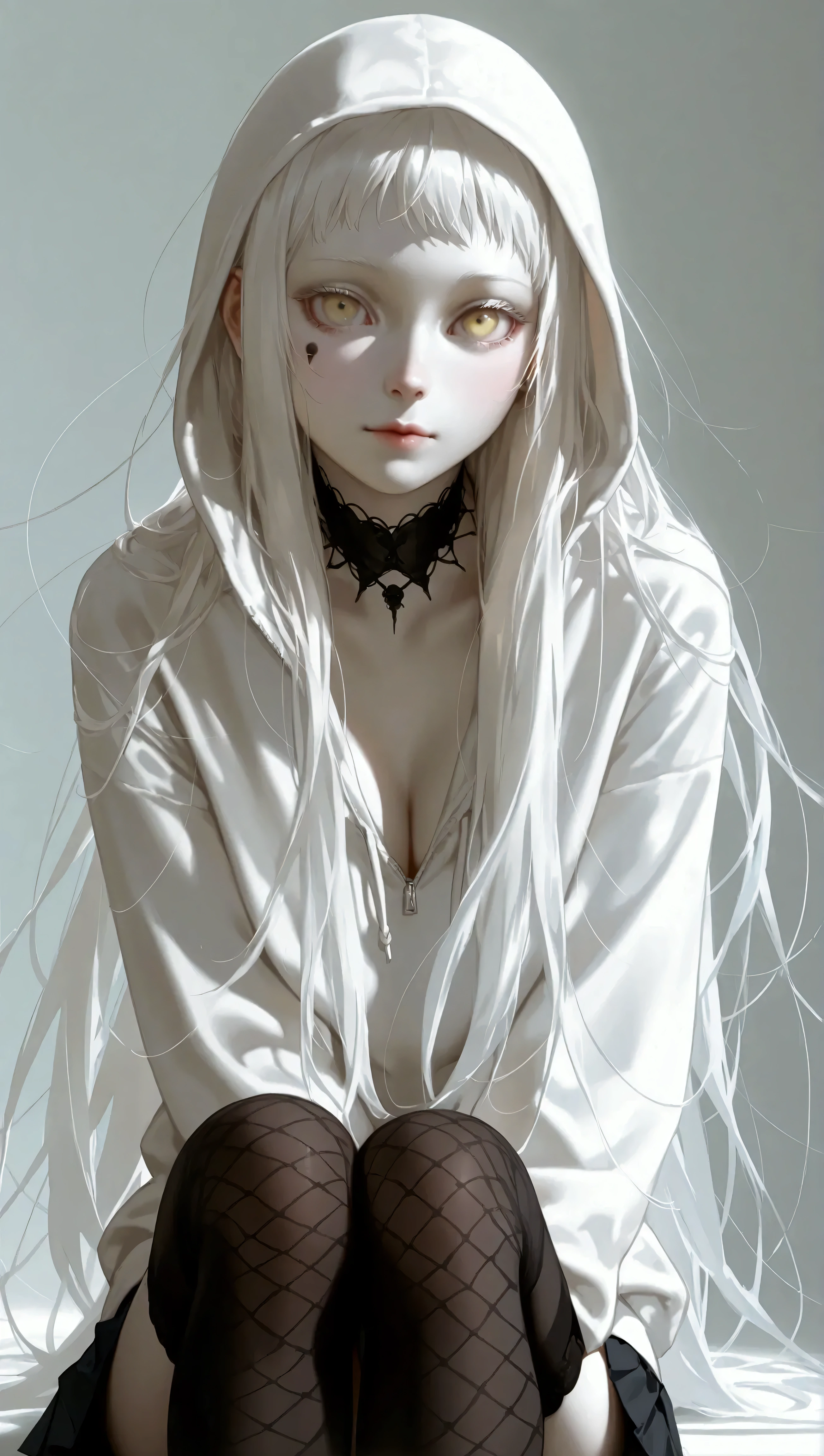 (((Solo Girl))) (   1 girl) ,    full body shot  ,   RAW photos  , ((   long hair )),  long white hair ,   very long straight hair, Short bangs, Albino white skin, Pale yellow eyes ,   realistic skin texture to hide female genitals  , (((smile:0.3))), 💀mark&#39;white hoodie black pleated skirt  ,   Black Knee High Socks , Sexy Legs 、   Black Knee High Socks 