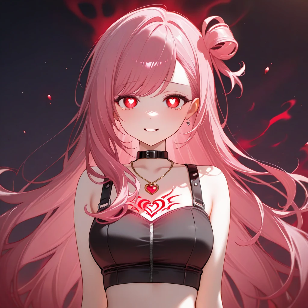 1girl, , idol, long messy pink hair, side-swept bangs, black crop top with heart design, delicate necklace with heart pendant, demonic aesthetic, glowing red eyes, Tears of blood,  sinister expression,  glowing runes on skin, swirling dark aura, nightmarish setting, high-detail, sharp focus, ethereal lighting

