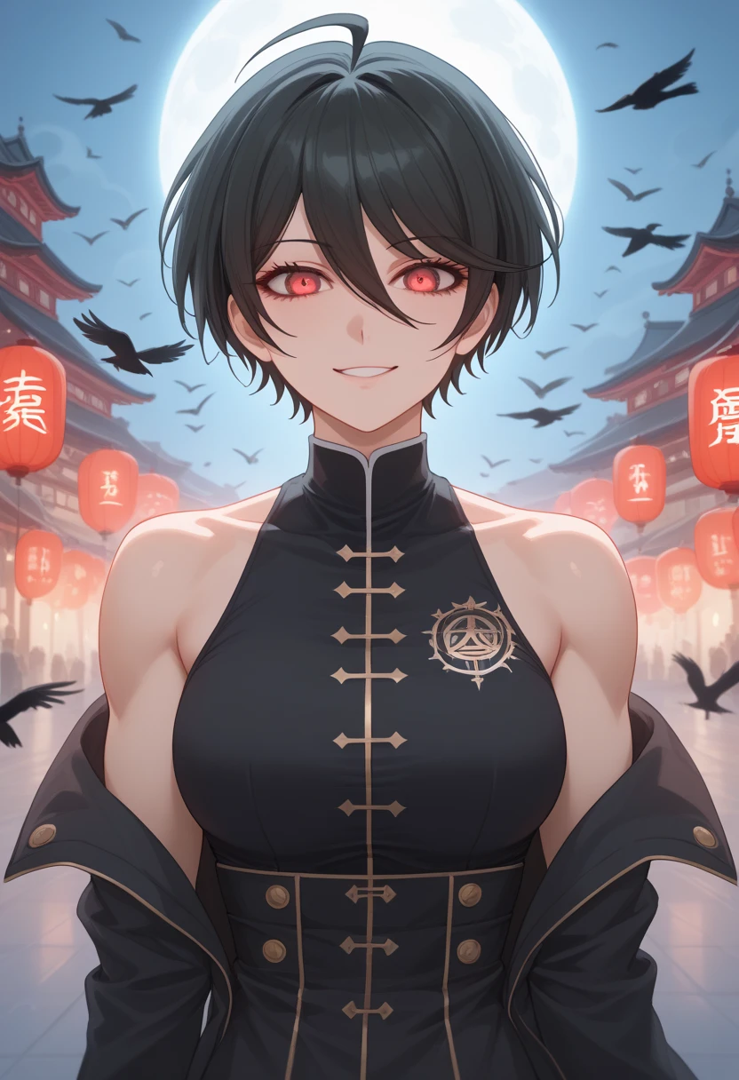 1 girl, solo, (black short hair tomboy), glowing red eyes, score_9, score_8_up, score_7_up, ((New year background with crows around)), anime color style, source_anime, sexy new year outfit, very aesthetic, yandere girl, yandere look,muscle girl, sexy girl, gapmoe yandere grimdark, akane owari danganronpa, 2d style anime, gapmoe,Pachu illustration Style,masterpiece, best quality, amazing quality, very aesthetic, absurdres, newest, (volumetric lighting, scenery), , soft_shape, yandere_face, human_color, clean_shape, full_body, sadic_pose