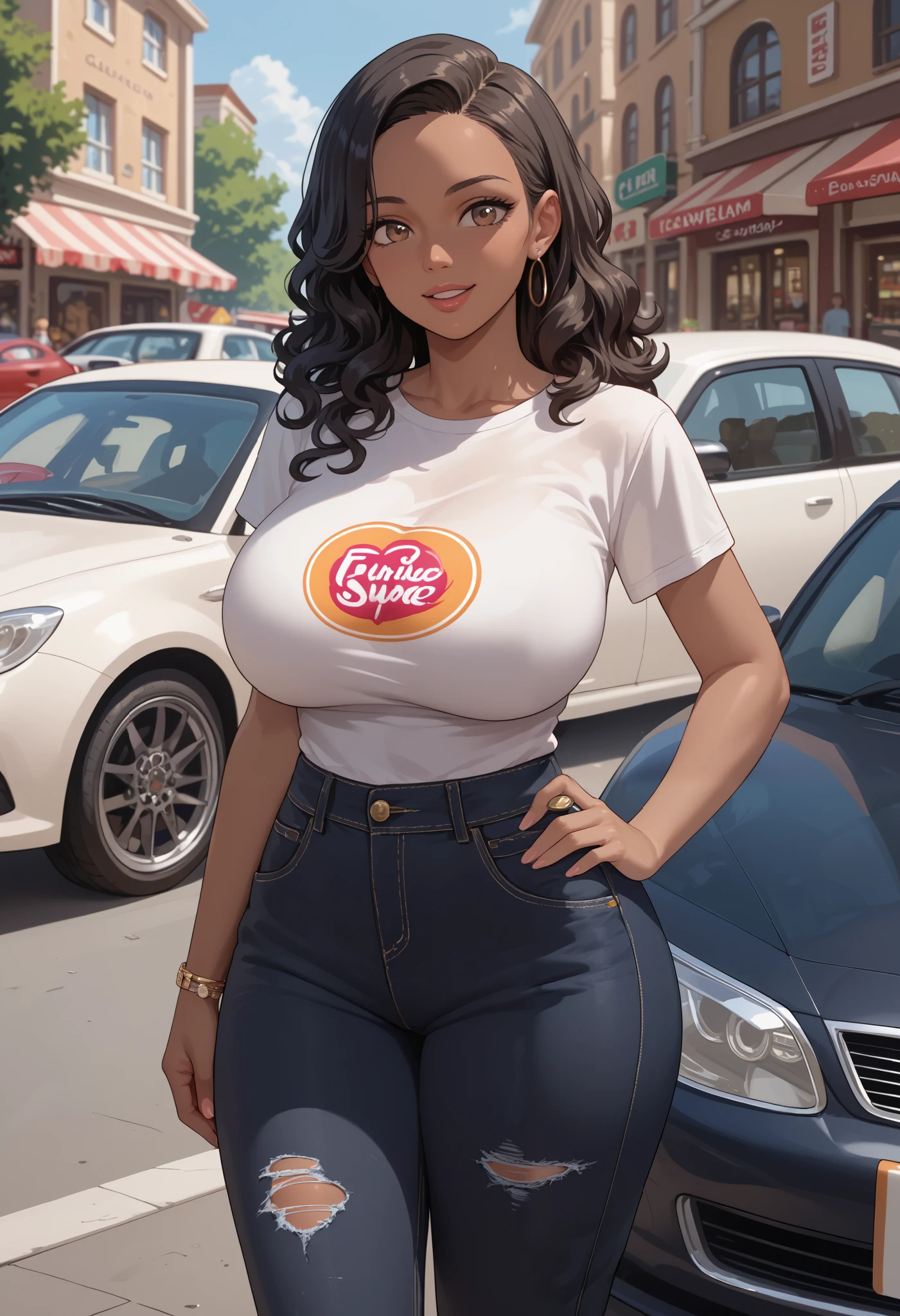  masterpiece,  best quality, extreme Detail, Young woman stands alone in a car repair shop, Young woman wears a black t-shirt that does not cover the bottom of her breasts, Young woman wears torn black jeans, Young woman has extremely huge breasts, (90H) ( wide hips ), Young woman is slim, (voluptuous figure) Young woman looks at the viewer, Young woman looks proud and flirtatious,  Young woman looks playful and excited , beautiful African young woman with dark skin, Young woman has wild, long curly black hair, Young woman has light brown eyes,