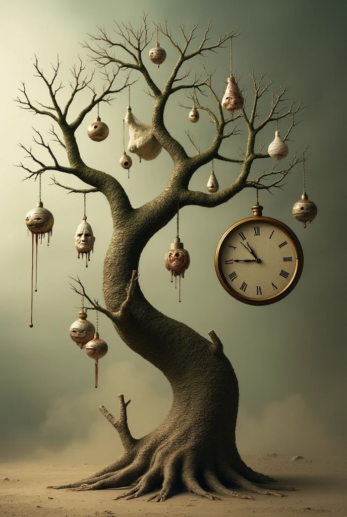 A surrealistic depiction of a Christmas tree as if it were a Salvador Dali dream,
with unusual objects as ornaments and a floating clock in the background