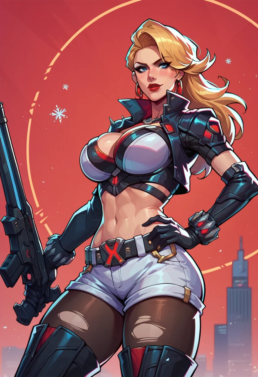 un primer plano de una muJer vestida de rosa sosteniendo dos armas, Blonde, oJos auzles, triangle face, gathered big breast, zenoscope, J. Scott Campbell, J Scott Campbell, Jamie mckelvie comic art, Black Canary, germ of art Greg rutkowski _ Greg, Chris Moore. germ of art, beautiful comic art, germ of art and J. dickensson, germ of art comic. almost naked