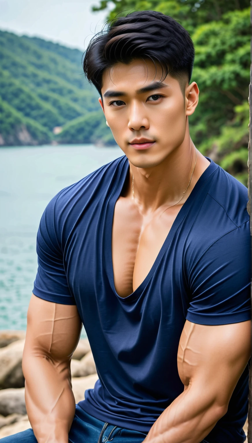 (Original),Orihansome  ,   malekorea handsome   ,pectoral muscles,  big arm muscles   ,Blood vessel,,  wide shoulders  ,   wear a navy blue t-shirt without logo and jeans 