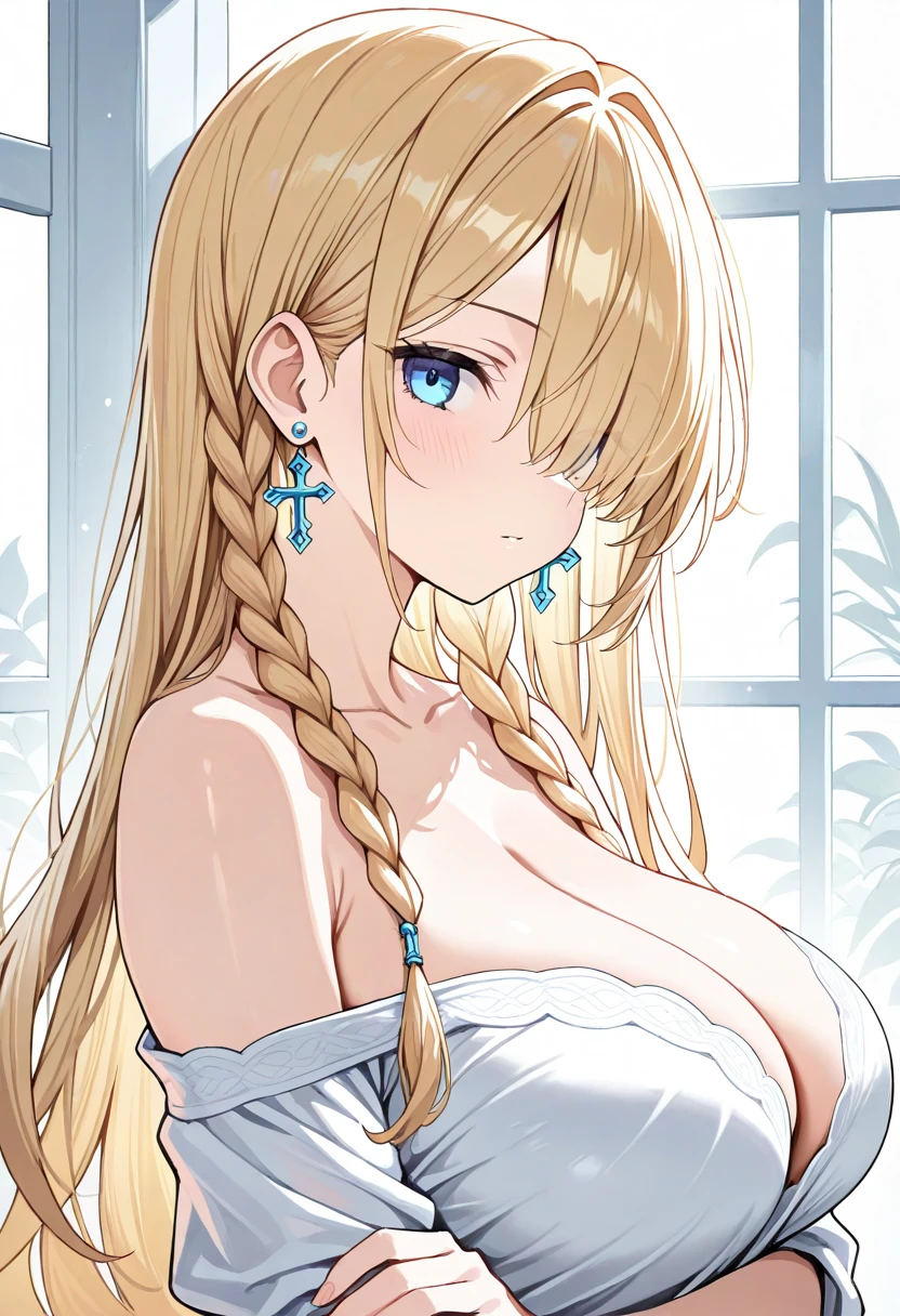 1girl, large breast, blonde, jewelry, from side, earrings, crosses arm,off shoulders braids, blue eyes, looking at viewer, long hair, hair over one eyes, collarbone, any expression,masterpiece, best quality, good quality, newest
