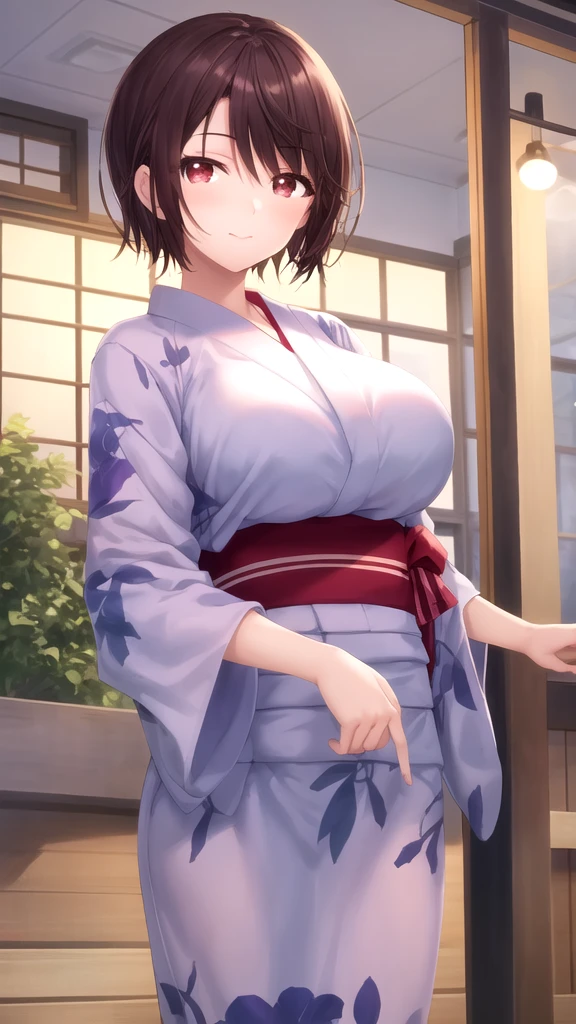 masterpiece, best quality, high quality, girl, solo, looking at viewer, yuuta_kadowaki, large breasts, yukata,