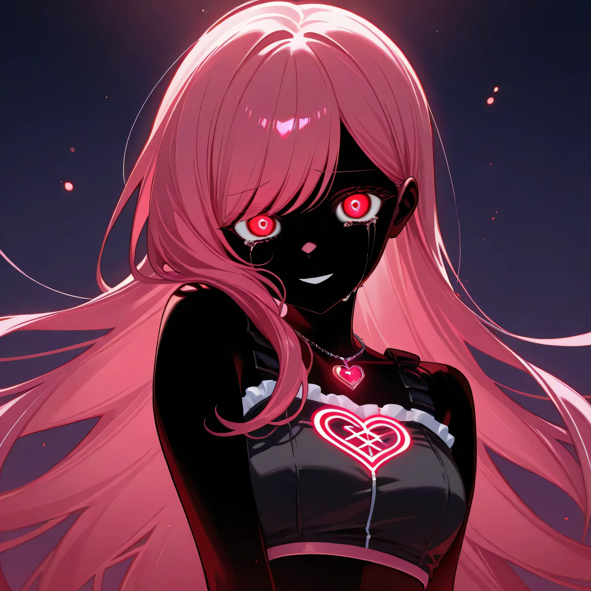 1girl, , idol, long messy pink hair, side-swept bangs, black crop top with heart design, delicate necklace with heart pendant, demonic aesthetic, glowing red eyes, Tears of blood,  sinister expression, black skin, glowing runes on skin, swirling dark aura, nightmarish setting, high-detail, sharp focus, ethereal lighting

