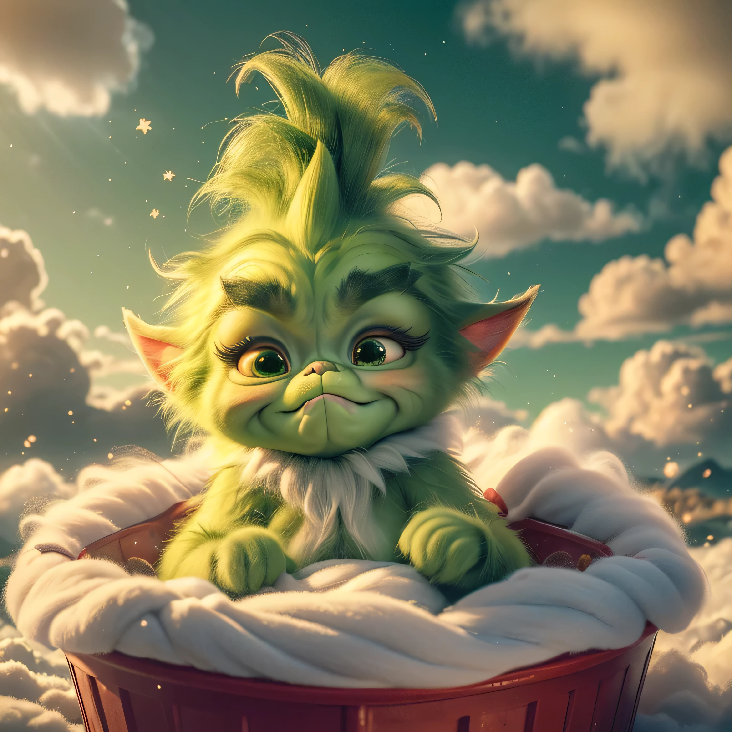 A beautiful, adorable baby Grinch made entirely of soft green clouds, peacefully nestled in a bed of fluffy clouds. The baby Grinch has a gentle, serene expression as it sleeps, with its soft, dream-like appearance. The surrounding clouds are colored in pastel shades of red and gold, creating a warm and dreamy atmosphere. The entire scene is bathed in a soft, ethereal light, enhancing the magical and fantastical quality of the image. The baby Grinch should appear as a seamless part of the cloudscape, blending perfectly with the surrounding clouds, but still maintaining distinct, realistic features that highlight its cuteness and charm.