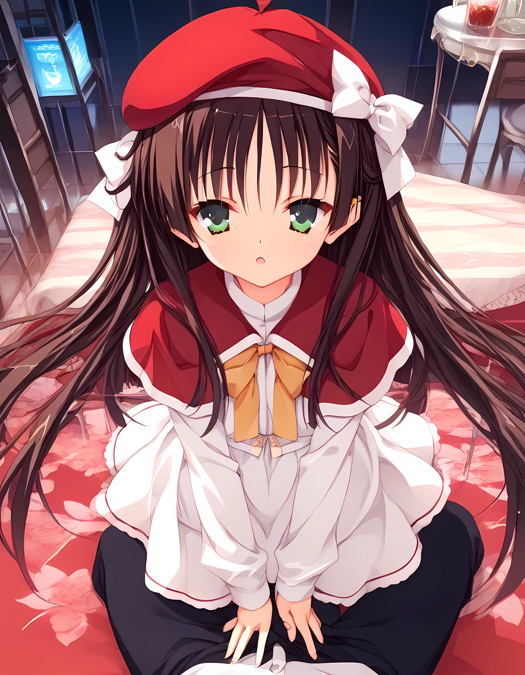 score_9, score_8_superior, score_7_superior, masterpiece, best quality, absurdres, high_fidelity, vibrant, sauce_anime, (rating_explicit:1.4), super detailed, Adorable, 1girl, Yuzu Soft_early, green_eye, School_uniform, black_hair, red_eye,  brown_hair, v_arms, beret,  dress, very_length_hair,  capelets, bow, sex