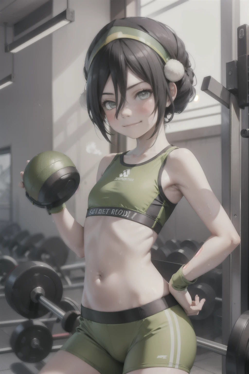 Anime style, 1 girl , toph beifong , young girl , skinny body ,solo , short hair ,sweat , flat chest ,sport bra , smug face smile , blush, pantie , standing, gym .