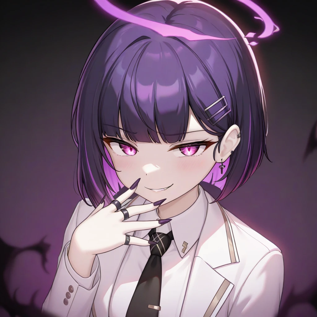 1girl, upper body focus, evil smirk, glowing demon eye, purple hair, messy bangs,Shaggy cut, bob cut, white black suit jacket, white dress shirt, black tie,, purple halo, seductive pose, gothic rings, dark atmosphere, purple glowing light, detailed facial expression, sharp nails, luxurious and eerie aesthetic.

