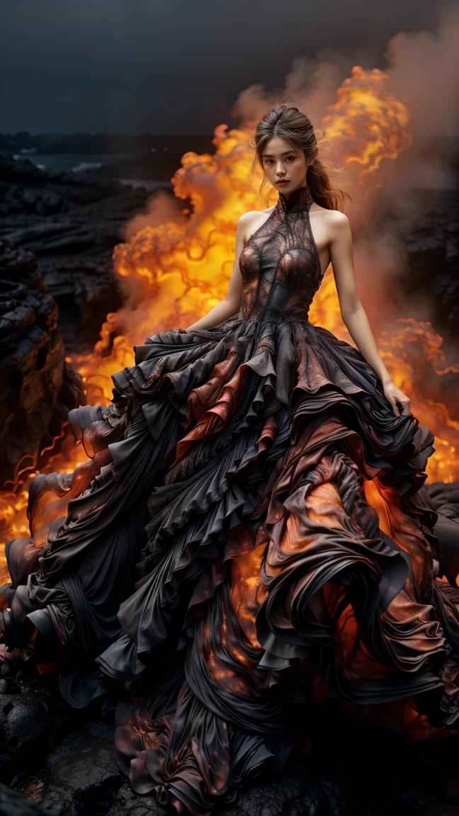 (8k, original photo, best quality,masterpiece:1.2),(actual, photorealistic:1.37), 1 girl,long legs, Full body female love,(lava:1.3),ocean,Rose-shaped dress made of lava，volcanic eruption rock flow，infrared photography, 1.4x more realism，ultra high definition，textured skitomically correct，Accurate and perfect Korean female face shape，golden ratio)