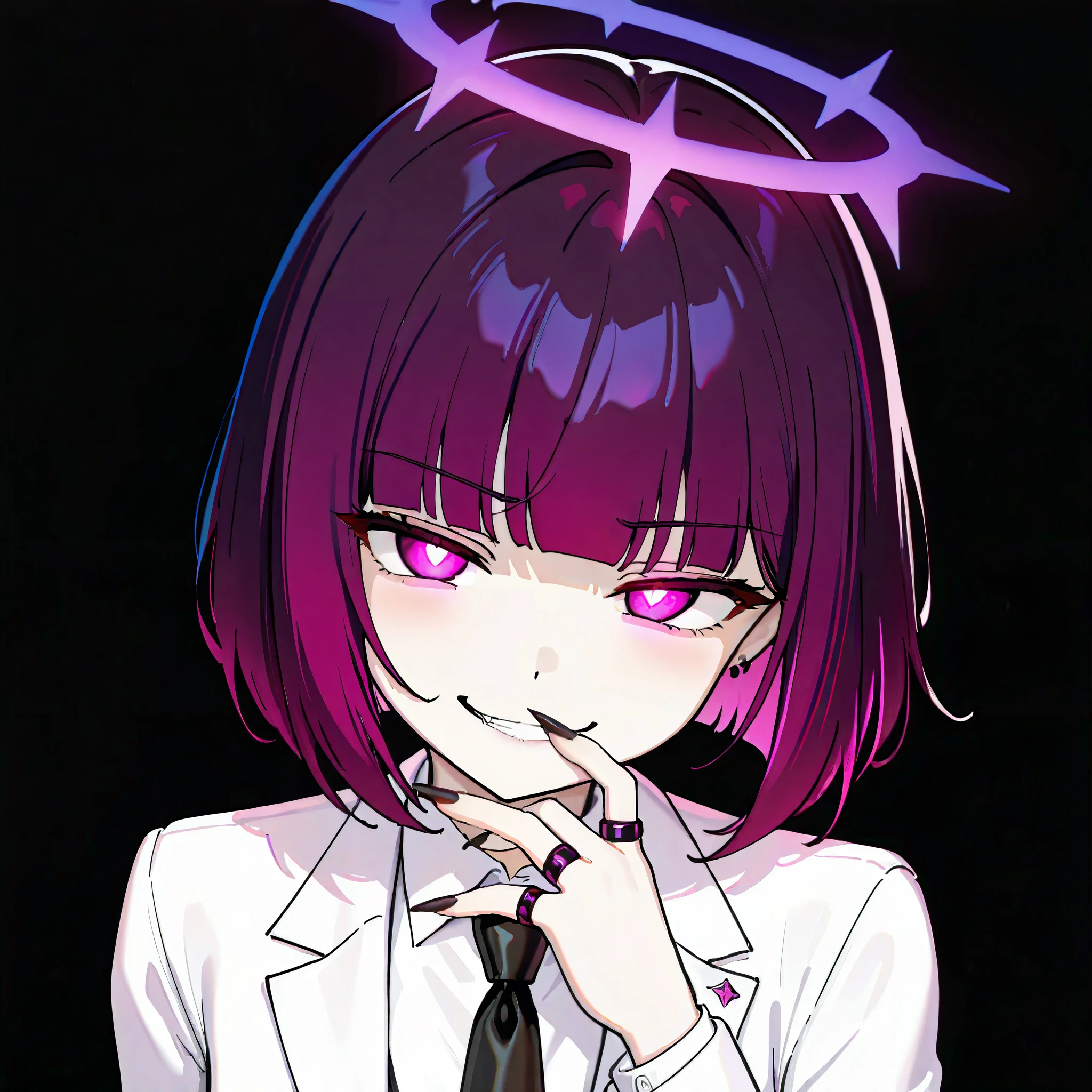 1girl, upper body focus, evil smirk, glowing demon eye, purple hair, messy bangs,Shaggy cut, bob cut, white black suit jacket, white dress shirt, black tie,, purple halo, seductive pose, gothic rings, dark atmosphere, purple glowing light, detailed facial expression, sharp nails, luxurious and eerie aesthetic.

