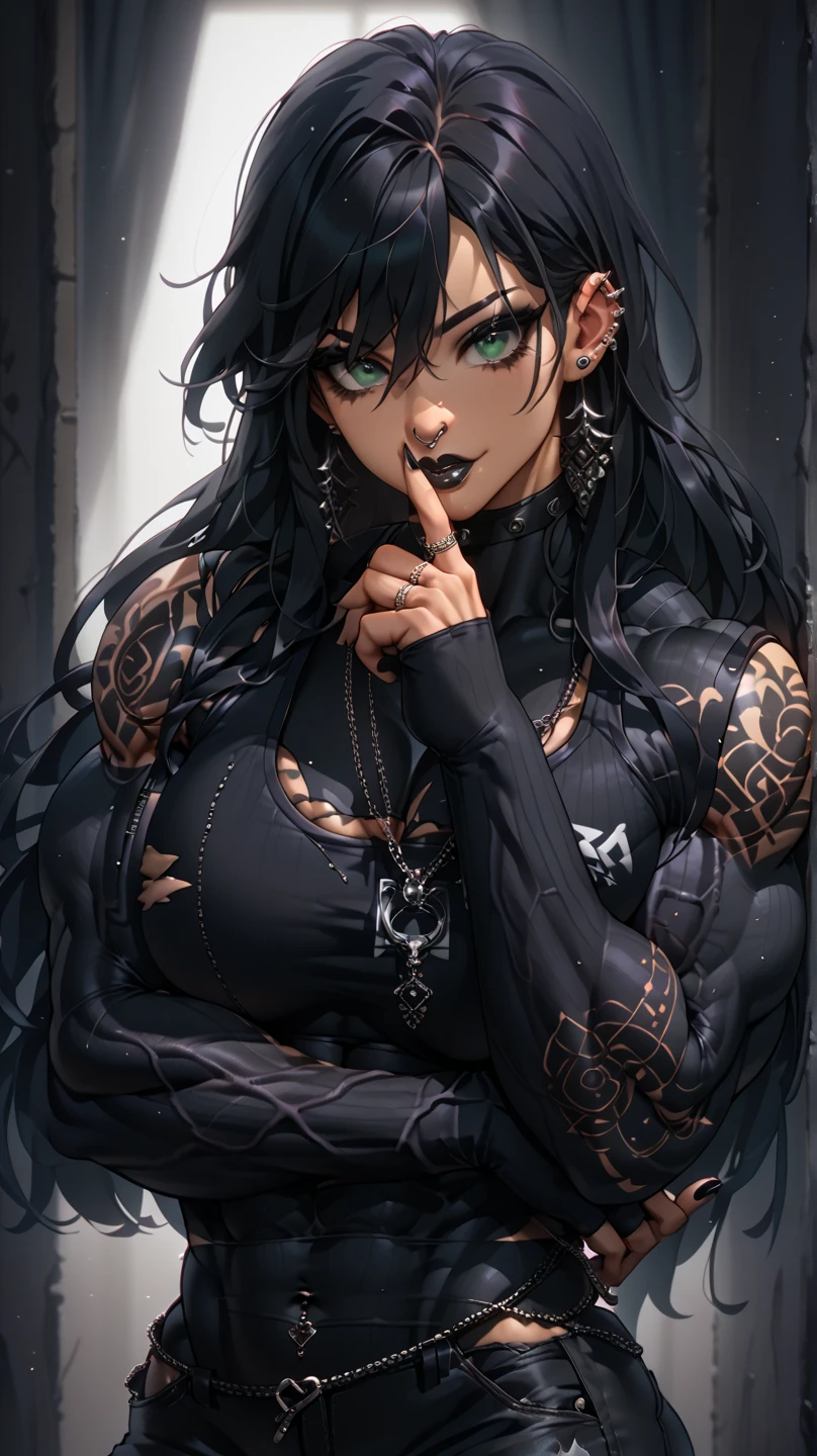 (My girlfriend), rings, piercings and tattoos, female creature, looking at viewer, mad,