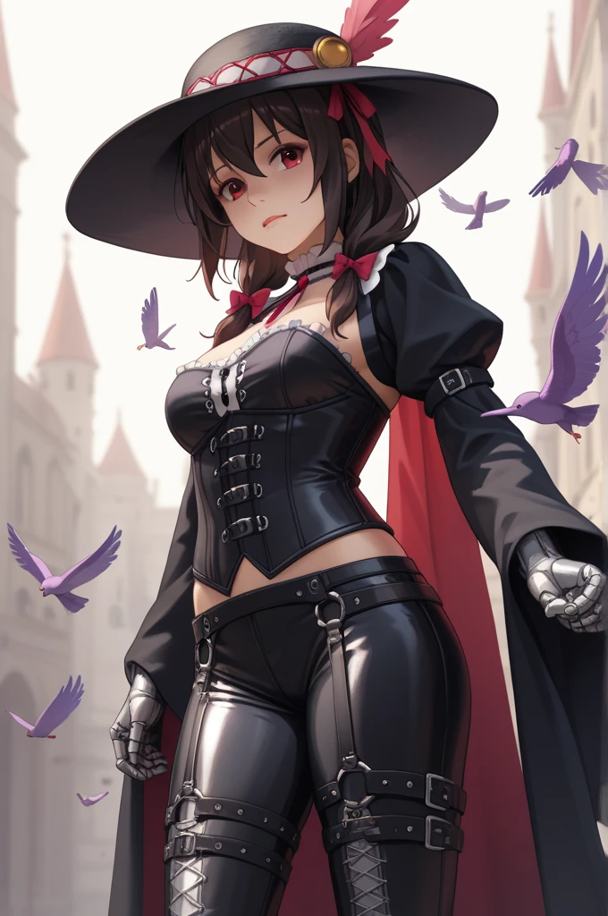 masterpiece,1girl, sparrow, a brown haired girl, wearing a witch clothes, wavy medium hair, messy hair, black skirt, slim body, she have a sword, medium breasts, she close her left eye, shirt ornament, lolippai, angry face, beautiful breasts, rounded breasts, crimson eyes, break halo, wizard hat, crimson eyes