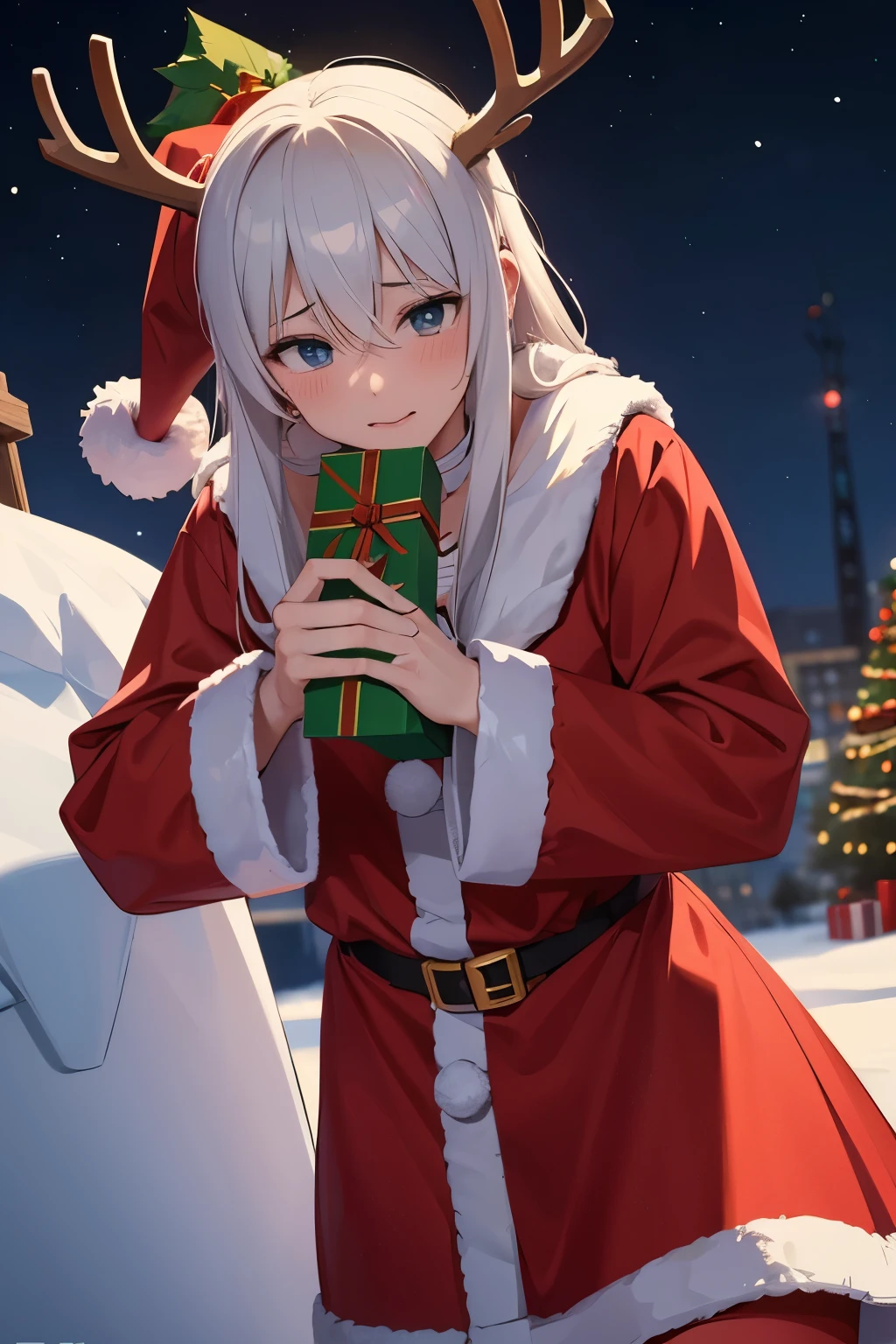 top-quality、Full limbs、complete fingers、Slender beauty、ssmile、white  hair、brue eyes、knee high、Wear long boots、Christmas 、a miniskirt、Miniskirt Santa、shearling coat、Party Venue