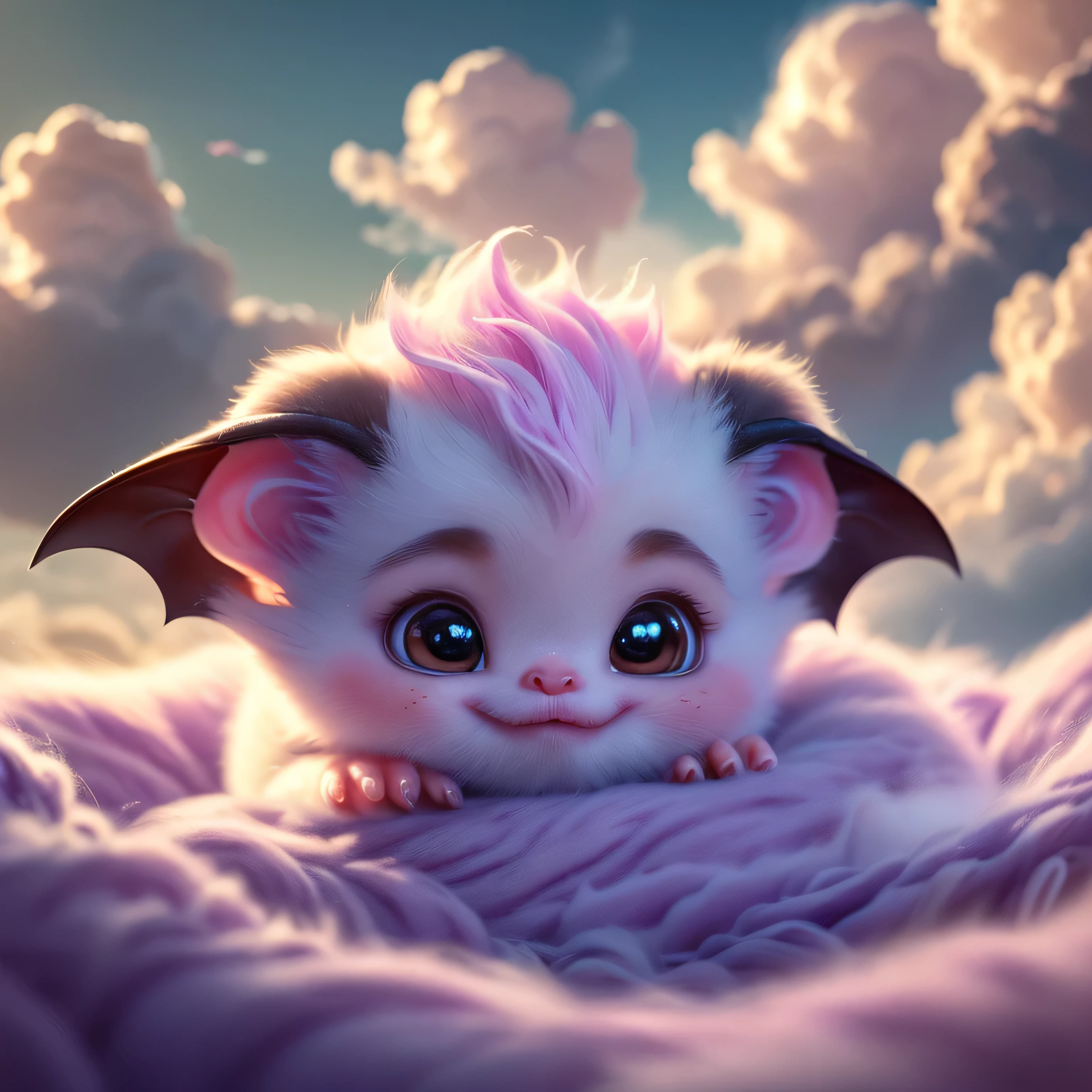 A beautiful, adorable baby bat made entirely of soft purple clouds, peacefully nestled in a bed of fluffy clouds. The baby bat has a gentle, serene expression as it sleeps, with its soft, dream-like appearance. The surrounding clouds are colored in pastel shades of pink and lilac, creating a warm and dreamy atmosphere. The entire scene is bathed in a soft, ethereal light, enhancing the magical and fantastical quality of the image. The baby bat should appear as a seamless part of the cloudscape, blending perfectly with the surrounding clouds, but still maintaining distinct, realistic features that highlight its cuteness and charm.