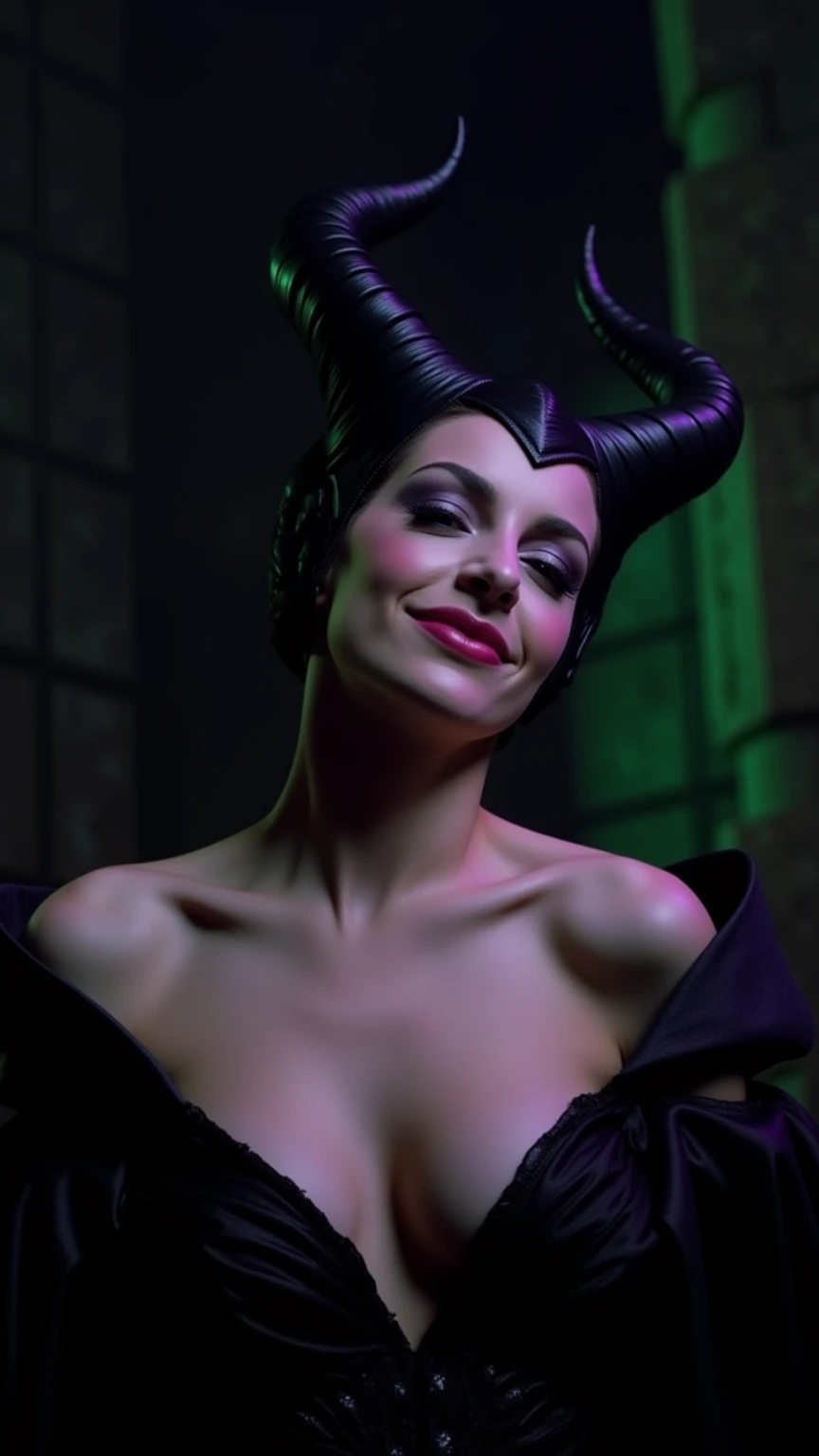 A stunning portrait of Maleficent, emphasis on her horns, extra long horns, purple highlights, purple reflected light, in the nude, young and beautiful, hyper realistic, real portrait, backlit, exquisite features, cleavage, sexy, seductive, unnatural light, soft light, location is the interior of a dungeon, green light, eerie, purple highlights:1.4, she is smirking, she is busty, her chin is raised, looking down at viewer, low angle shot, exquisite features, exotic, high cheekbones, show her full horns, her head is tilted back in laughter