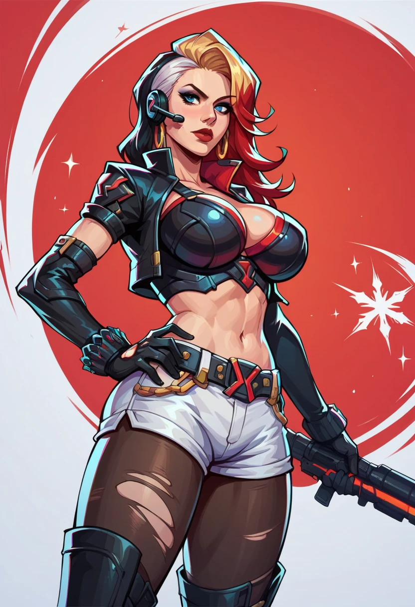 score_9, score_8_up, score_7_up, score_6_up, expressiveh, magik_rivals, 1girl, solo, cowboy shot, blonde hair, long hair, hair accessory, eyeliner, blue eyes, earrings, cropped bodysuit, black bodysuit, armor, belt, gloves, black gloves, black clothes, pauldrons, midriff, navel, short shorts, yellow details, pantyhose, ripped pantyhose, spikes, holding sword, holding weapon, huge weapon, magik sword, glowing sword, yellow sword, weapon, posing, hand on hips, simple background, simple background, geometric shapes score_9, score_8_up, score_7_up, score_6_up, expressiveh, blackwidow_rivals, 1girl, solo, cowboy shot, red hair, asymmetrical hair, headset microphone, eyeliner, blue eyes, red lips, bodysuit, black bodysuit, gloves, black gloves, forearm guns, black clothes, red details, red glow, baton_(weapon), holding weapon, sniper rifle, holding sniper rifle, huge weapon, posing, hand on hips, red sparks, red background, geometric shapes, looking at viewer, geometric pattern on background, scocore_9, score_8_up, score_7_up, 1girl, lunasnow, black hair, white hair, two-tone hair, blue eyes, large natural saggy breasts, breast squeeze between arms, sexy expression, blush, dramatic lighting, pretty girl, depth of field, bokeh blur, pool, reflection, neon, glowing, teal theme, sexy expression, looking at viewer, white bikini, cowboy shot, arched back, low angle, dynamic pose, snowflakes score_9, score_8_up, score_7_up, score_6_up, score_5_up, score_4_up, masterpiece, ultra-detailed, high resolution, lunafrost, 1girl, solo, gloves, cropped jacket, shorts, thighhighs, jacket, elbow gloves, boots, black footwear, thigh boots, breasts, open hands, animification, huge breasts, multicolored hair, smile, white shorts, city, streets, cleavage, thick thighs, huge ass, jay marvel style
