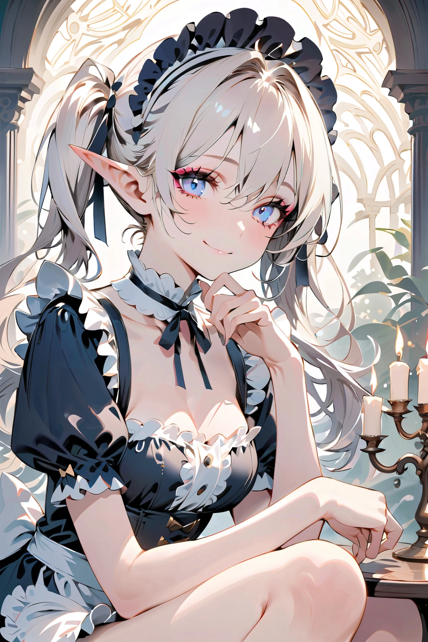 loli, small breasts, succubus, demon tail, demon girl, white hair, white dress, upper_body, arms behind back
