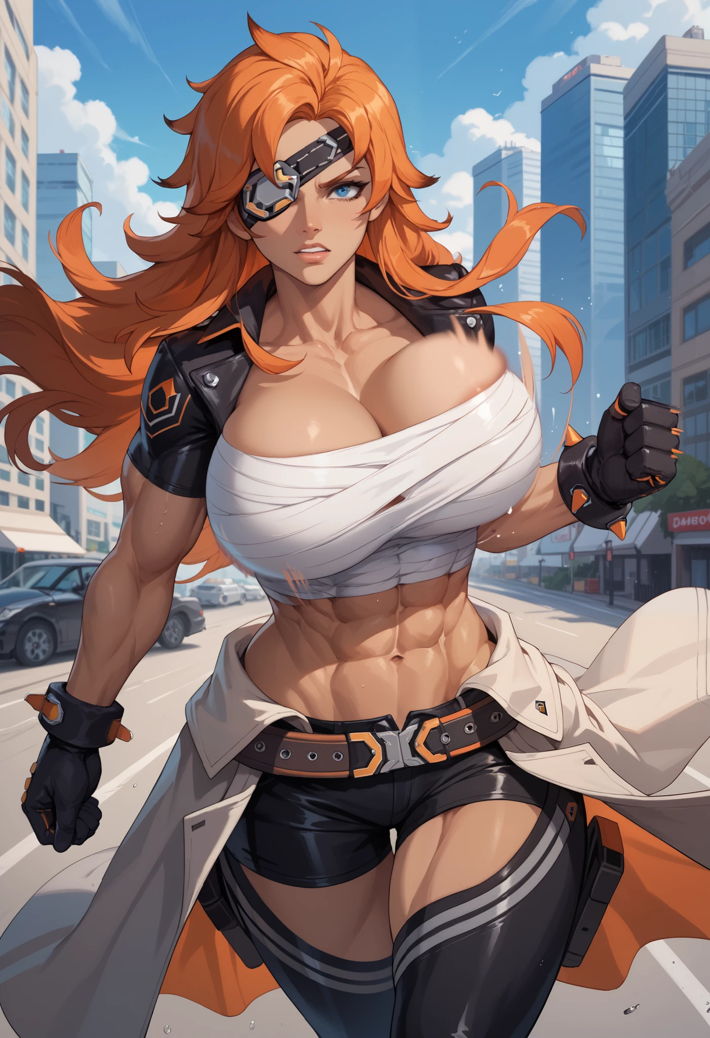Solo, 1girl, BREAK, asher, long hair, eyepatch, huge breasts, gloves, navel, orange hair, black gloves, muscular female, muscular, blue eyes, deep cleavage, tan-skinned female, short sleeves, bandaged breasts, leather shorts, coat around waist, biker chaps, BREAK, cowboy shot, outdoors, running, at viewer, city, front view, ((bouncing breasts, motion blur, motion lines))