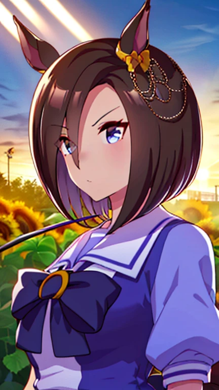 (   top quality : 1.2,masterpiece: 1.2),8k,    professional lighting  ,  movie lights,   super real ,,   super high res,,( medically accurate body  ),(  anatomically accurate body  ), Air Groove（ Uma Musume）、 sunflowers in the back of the schoolyard、 fired up at the back of the schoolyard 、I'm watering 、