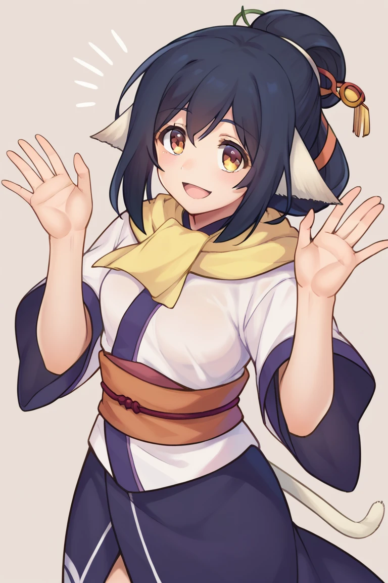 score_9,score_8_up,score_7_up,score_6_up,score_5_up,score_4_up,(source_anime),1girl,to see \(utawarerumono\),utawarerumono: itsuwari no kamen  ,  kimono,long hair,simple background, smile,Hair tied back、 long hair,  animal ears , Tail、 yellow scarf、Ainu、 Small Breasts' gaze,  smiles,  open her mouth ,  happy/joy,  smiling,  expressions,  raised eyebrows,  opens his eyes, 