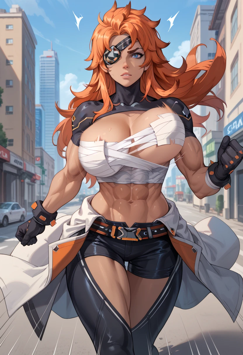 Solo, 1girl, BREAK, asher, long hair, eyepatch, huge breasts, gloves, navel, orange hair, black gloves, muscular female, muscular, blue eyes, deep cleavage, tan-skinned female, short sleeves, bandaged breasts, leather shorts, coat around waist, biker chaps, BREAK, cowboy shot, outdoors, running, at viewer, city, front view, ((bouncing breasts, motion blur, motion lines))