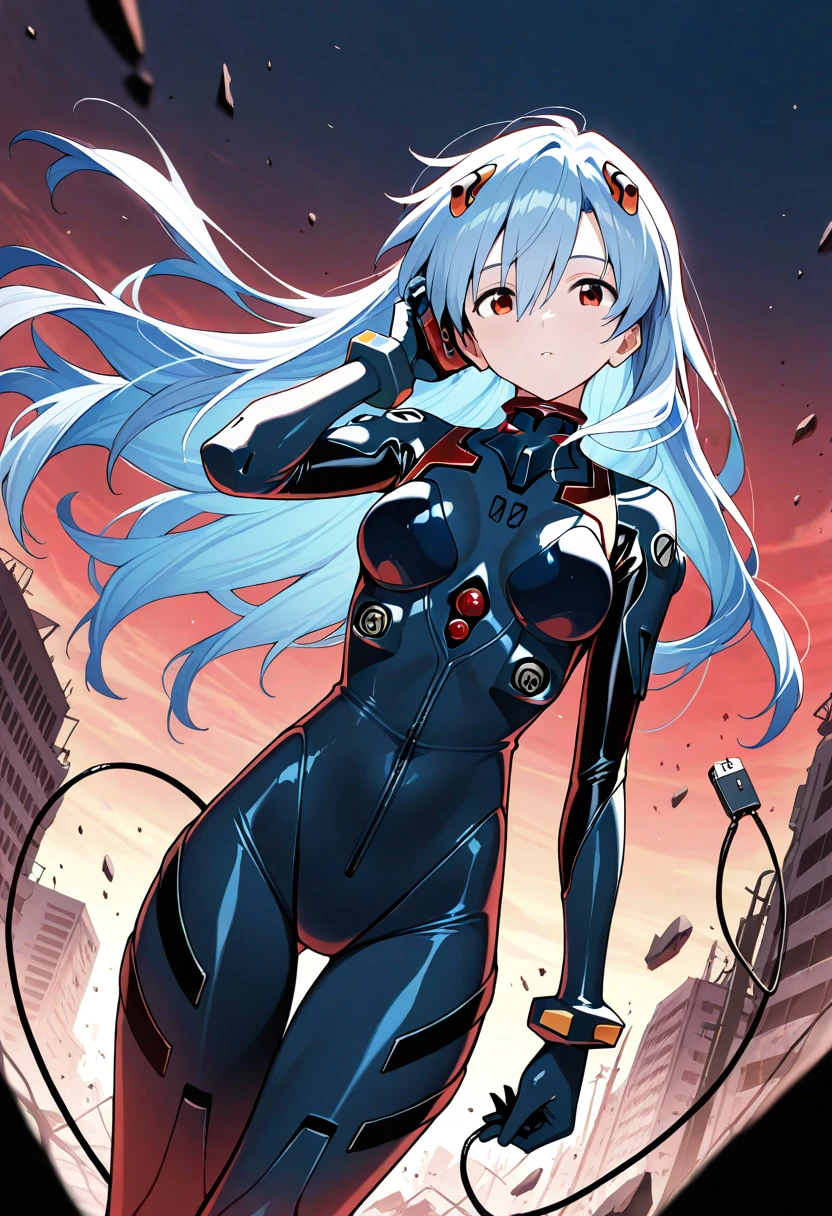 1girl, solo,rei ayanami, plugsuit,very long hair, loose hair,wind blows,breast, red eyes, blue hair, looking at viewer, navel, apocalyptic, dutch angle, wide shot, nostalgic, headphone, cowboy shot, hair between eyes, debris, black plugsuit, thigh gap,outdoor, cinematography, masterpiece, best quality, newest, absurdres,cinematic,