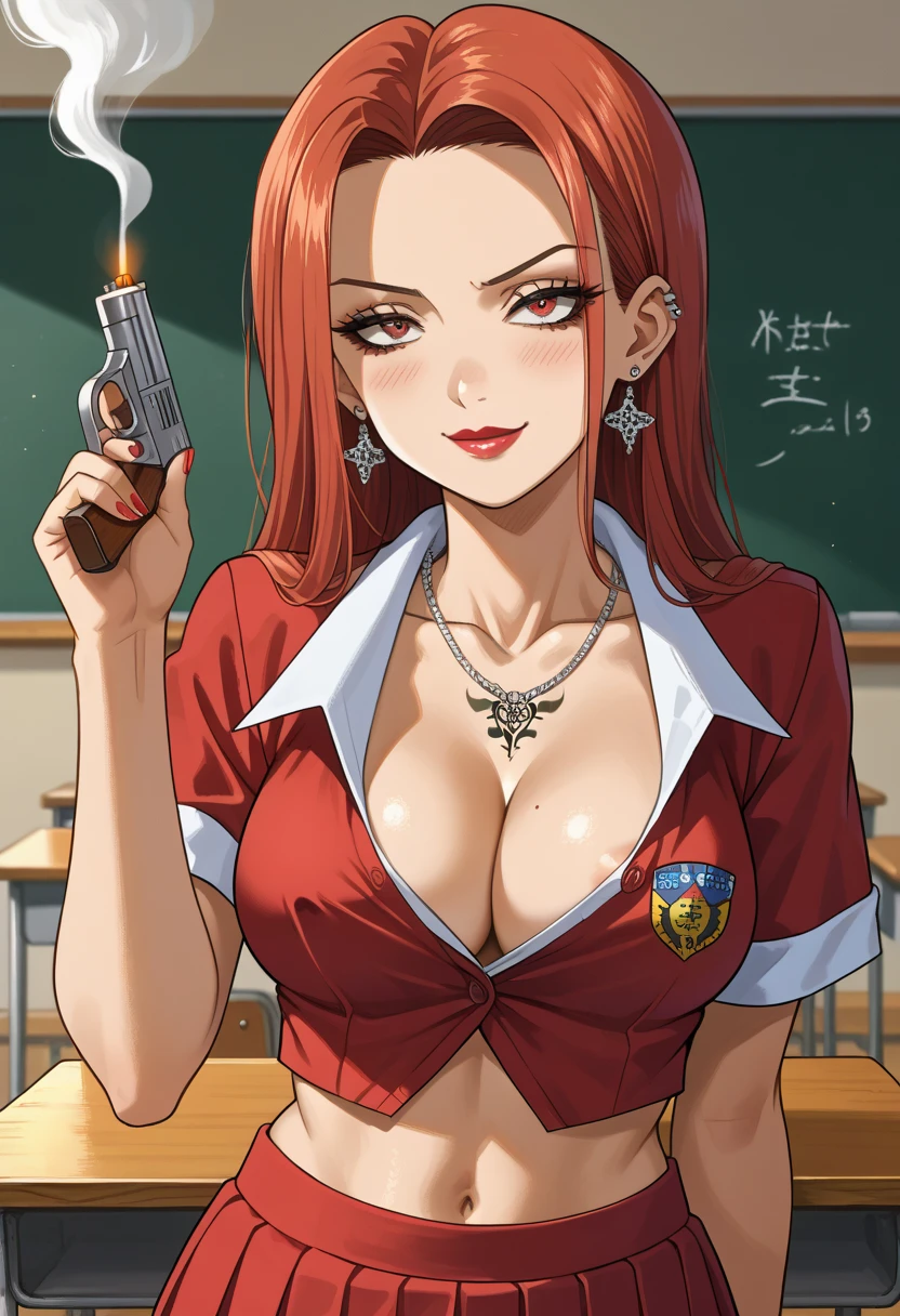 score_9, score_8_up, source_anime, 1girl, solo, SoryuinShion, long hair, parted bangs, large breast, cleavage, red dress, smirk, ear piercing, long hair, blush, lipstick,Hot girl, baddie, smoking, sensual, attractive ,masterpiece, best quality, ((unbuttoned school uniform, cleavage, necklace, earrings, sexy
body,nipple slip, breasts)) , micro skirt, smiling, navel , exposed belly, exposed navel,
(nsfw) not safe for work,school, classroom , hold a gun,knot, holding pistol, tattoo on body, dragon tattoo, tattoo midriff,