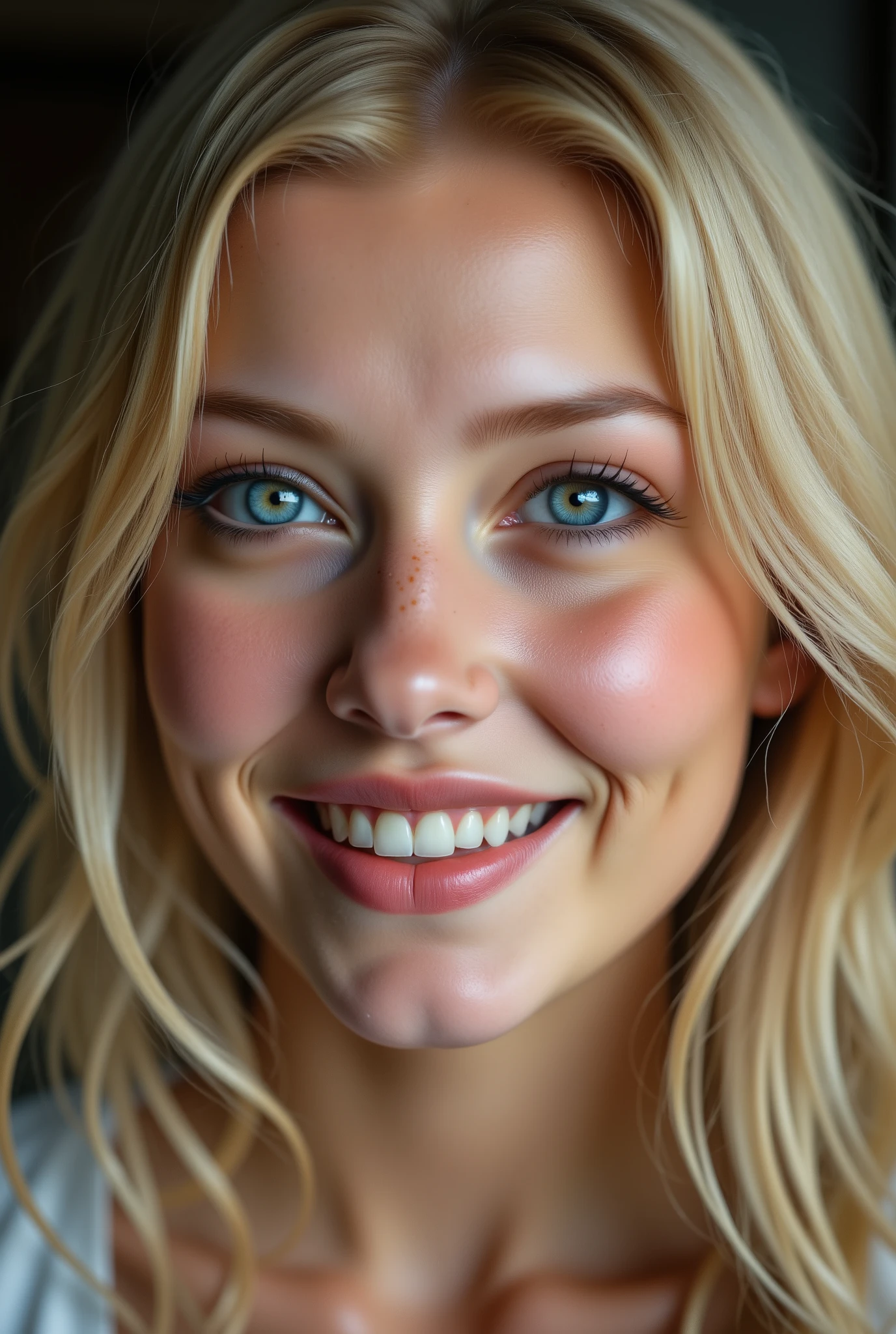 Gorgeous Woman’s face, blonde hair, piercing bluish grey eyes, delicate porcelain skin, freckles, high cheekbones, full lips, manicured eyebrows, small button nose, looking to the right, dazzling smile on her face