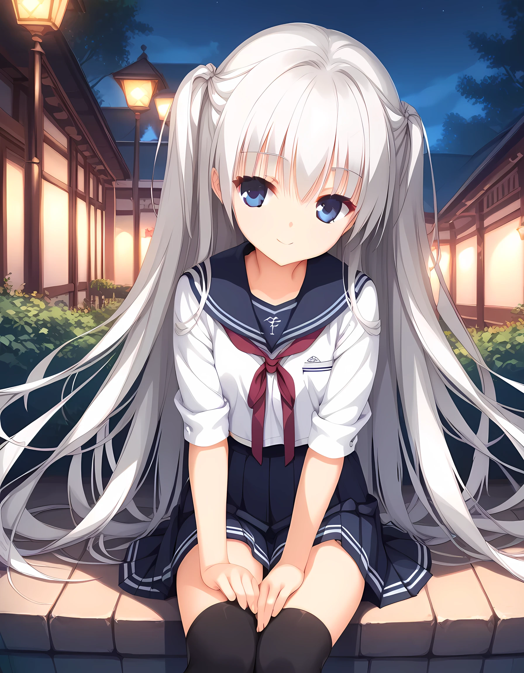 (score_9,score_8_up,score_7_up),source_anime,best quality,masterpiece, yuzusoft_late, 1girl,solo, night,outdoors,smile,looking at viewer,sitting,knees together,arm support, blue eyes,white hair,very long hair,straight hair,serafuku,school uniform,shirt,pleated skirt,zettai ryouiki,thighhighs,black thighhighs,